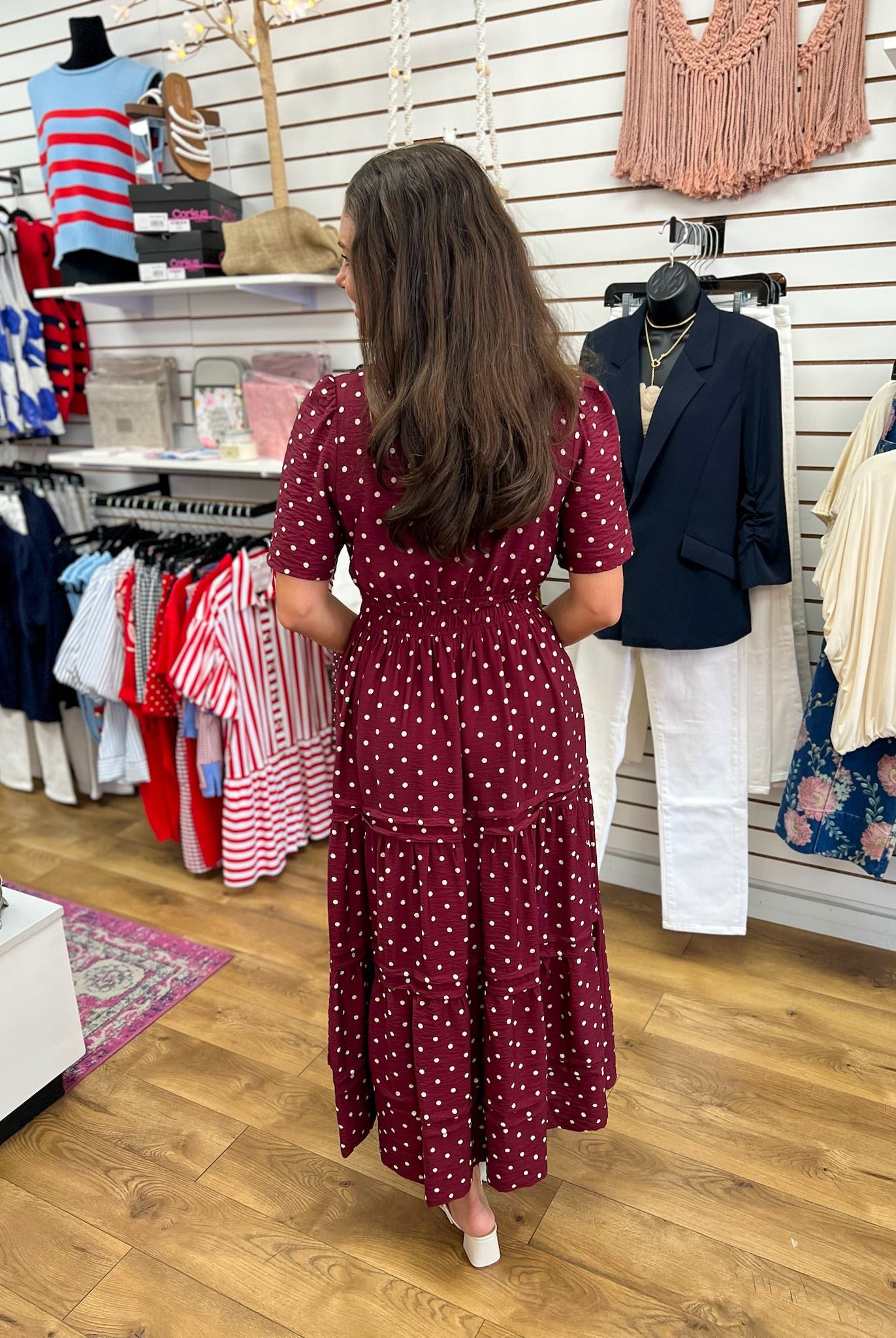 Wine Polka Dot V-Neck Tiered Maxi Dress - A'Bekah's Boutique