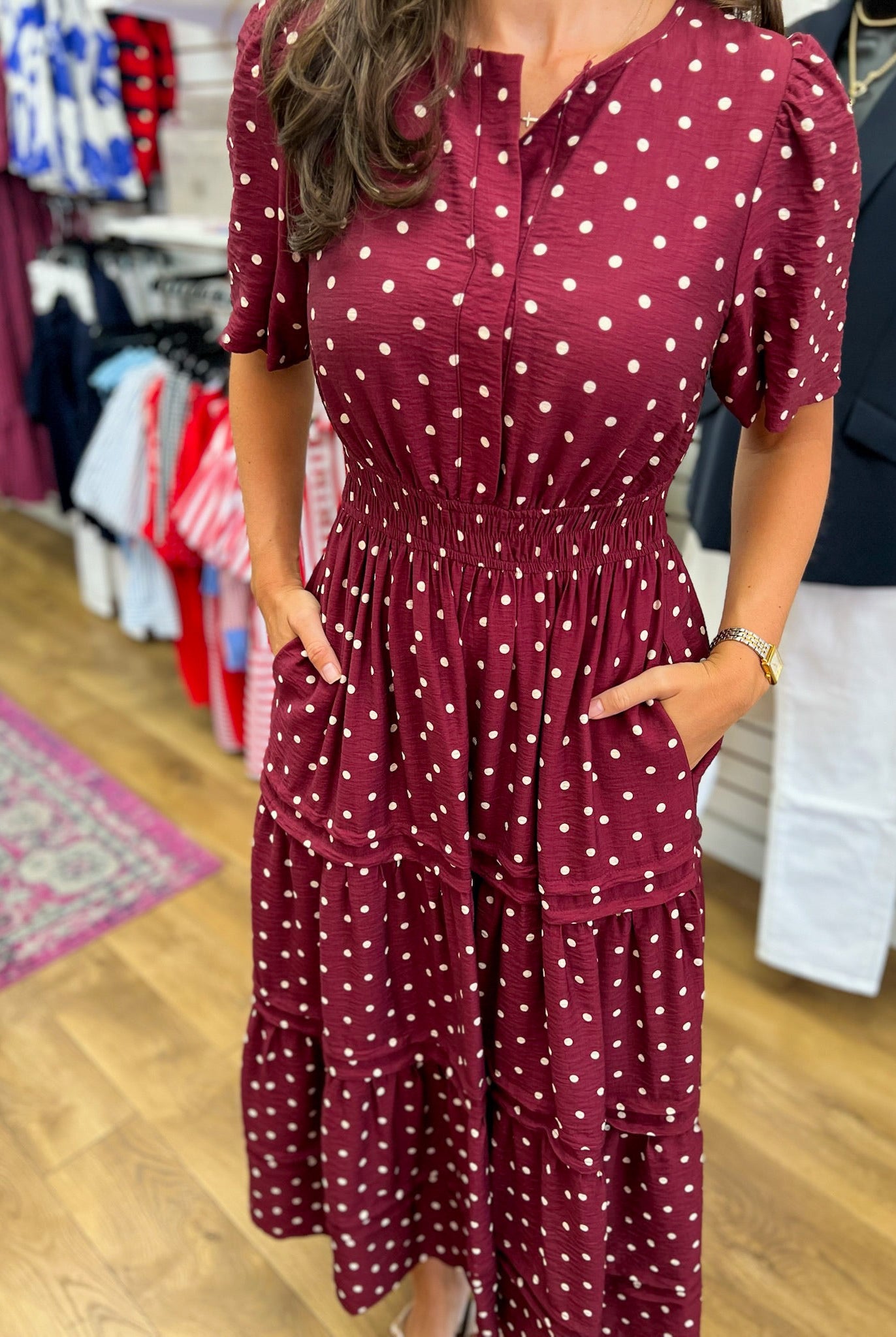 Wine Polka Dot V-Neck Tiered Maxi Dress - A'Bekah's Boutique
