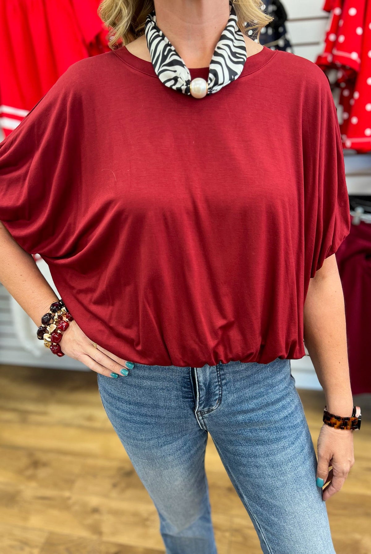 Wine Short Sleeve Top with Bubble Sleeves and Hem - A'Bekah's Boutique