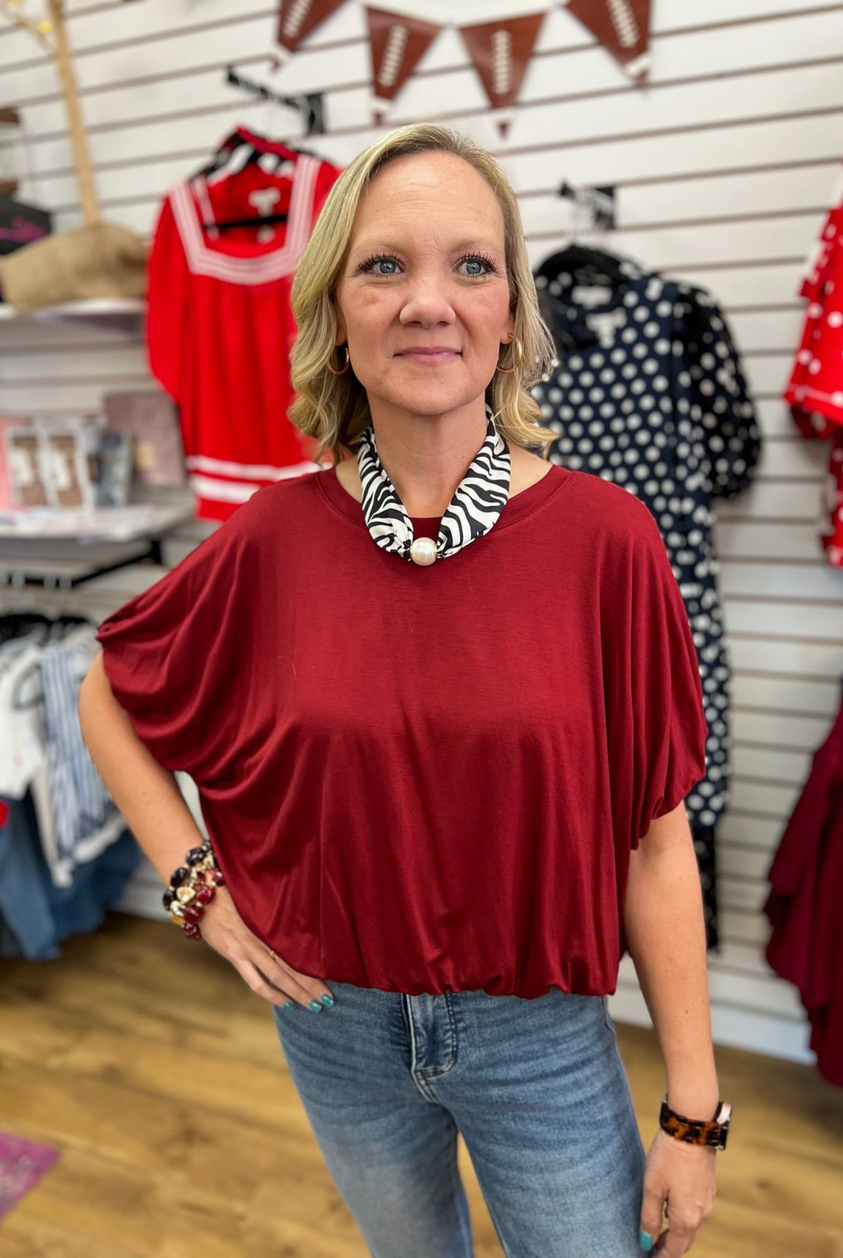 Wine Short Sleeve Top with Bubble Sleeves and Hem - A'Bekah's Boutique