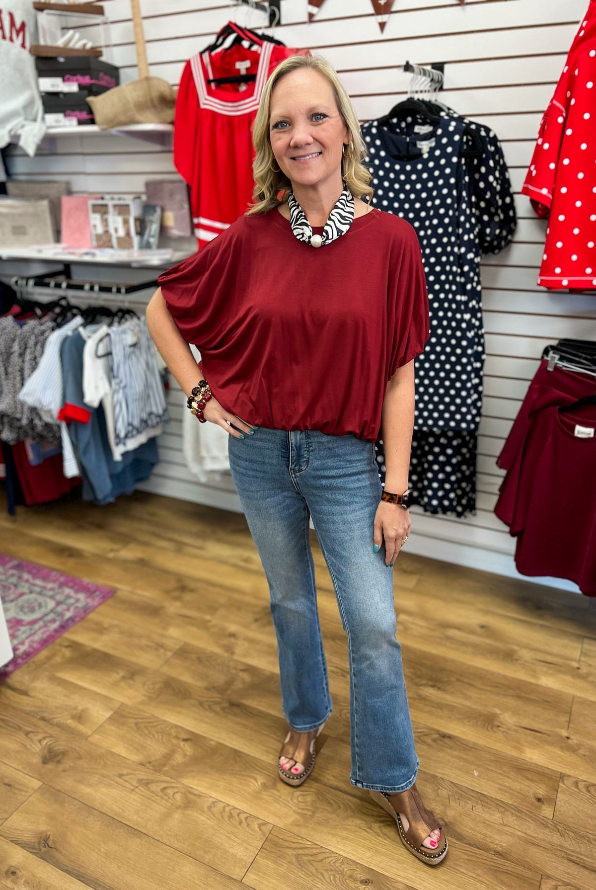 Wine Short Sleeve Top with Bubble Sleeves and Hem - A'Bekah's Boutique
