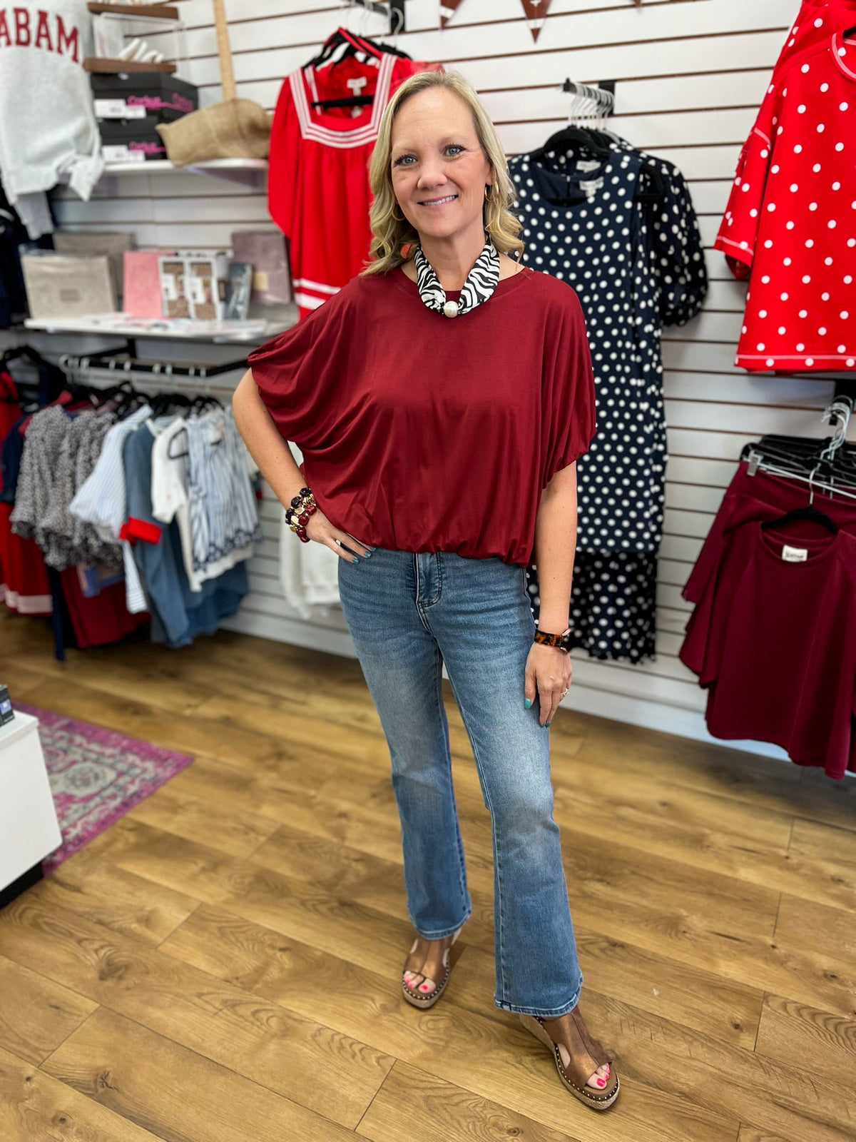 Wine Short Sleeve Top with Bubble Sleeves and Hem - A'Bekah's Boutique