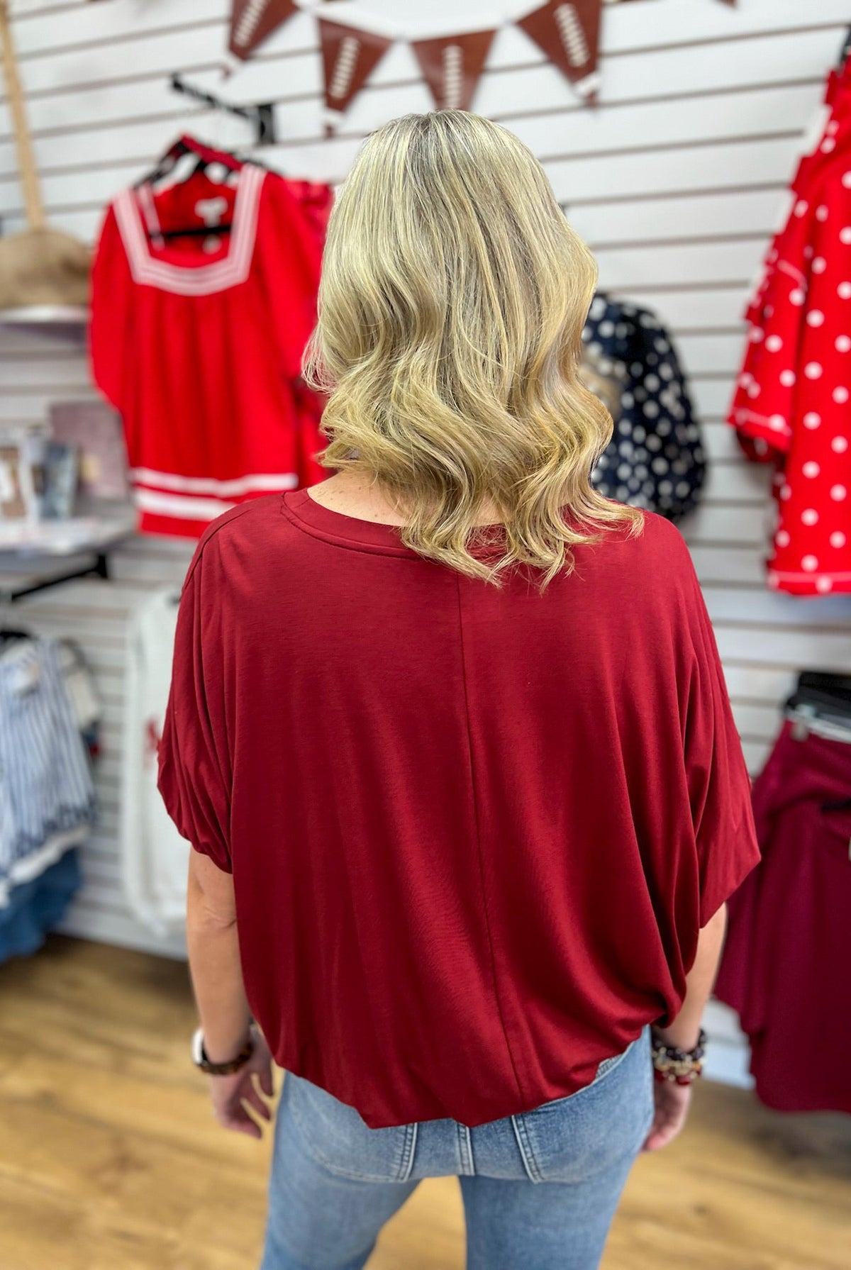 Wine Short Sleeve Top with Bubble Sleeves and Hem - A'Bekah's Boutique