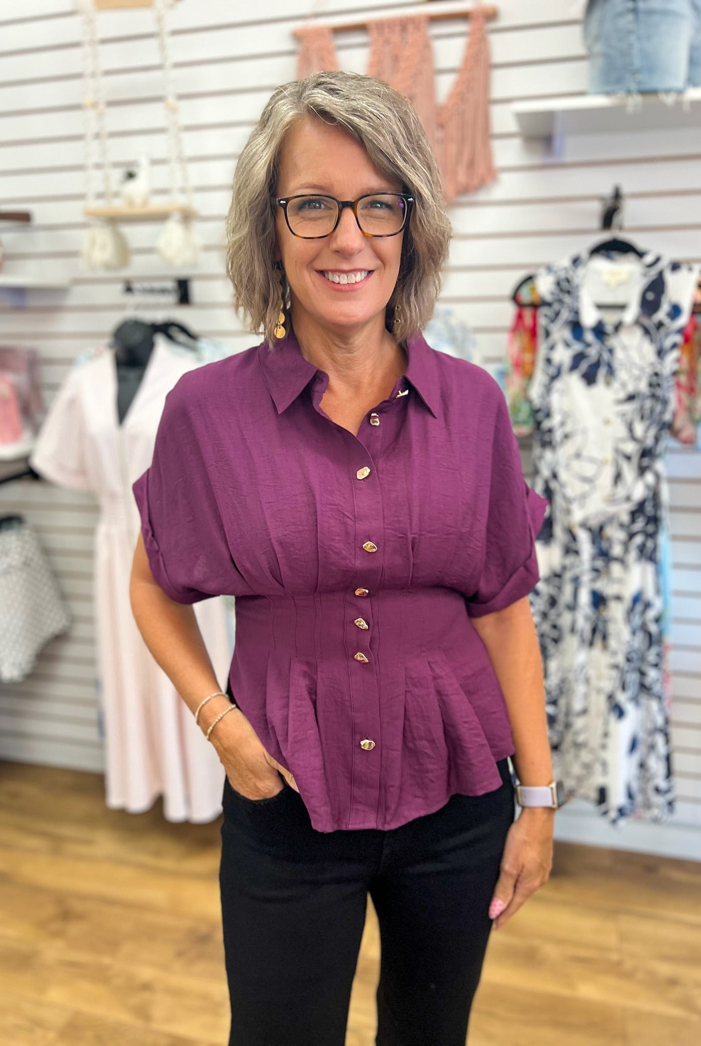 Wine Top with Gold Button Up Detailing and Pintuck Waist - A'Bekah's Boutique
