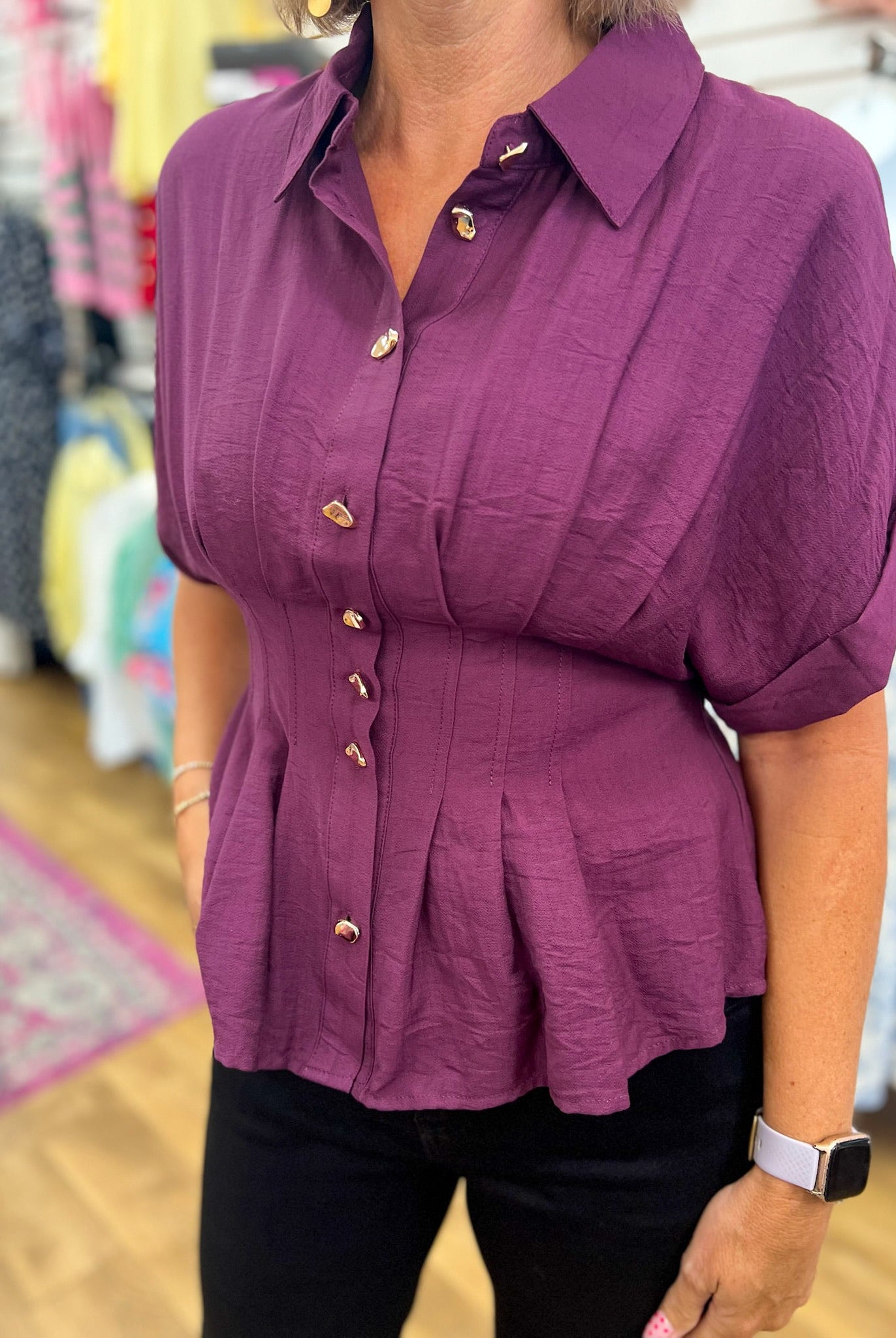 Wine Top with Gold Button Up Detailing and Pintuck Waist - A'Bekah's Boutique