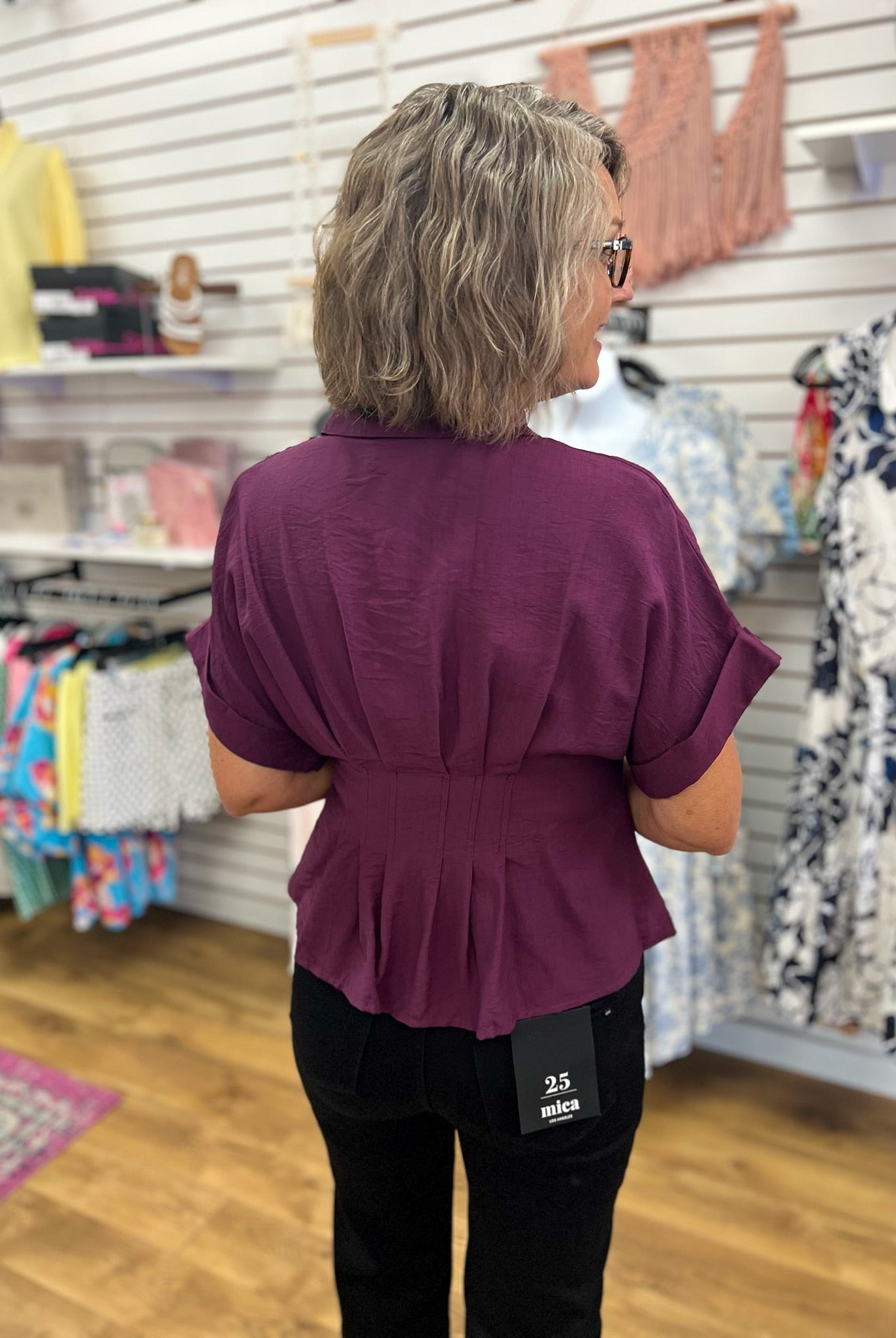 Wine Top with Gold Button Up Detailing and Pintuck Waist - A'Bekah's Boutique