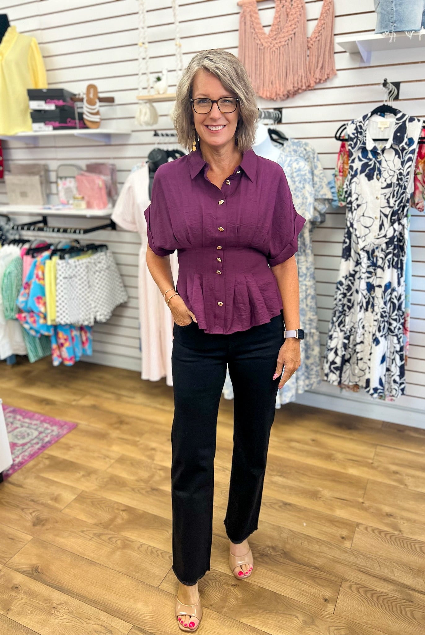 Wine Top with Gold Button Up Detailing and Pintuck Waist - A'Bekah's Boutique