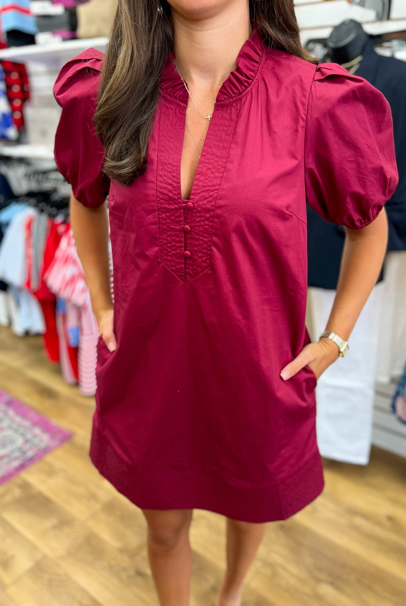 Wine V-Neck Dress with Short Puff Sleeves - A'Bekah's Boutique