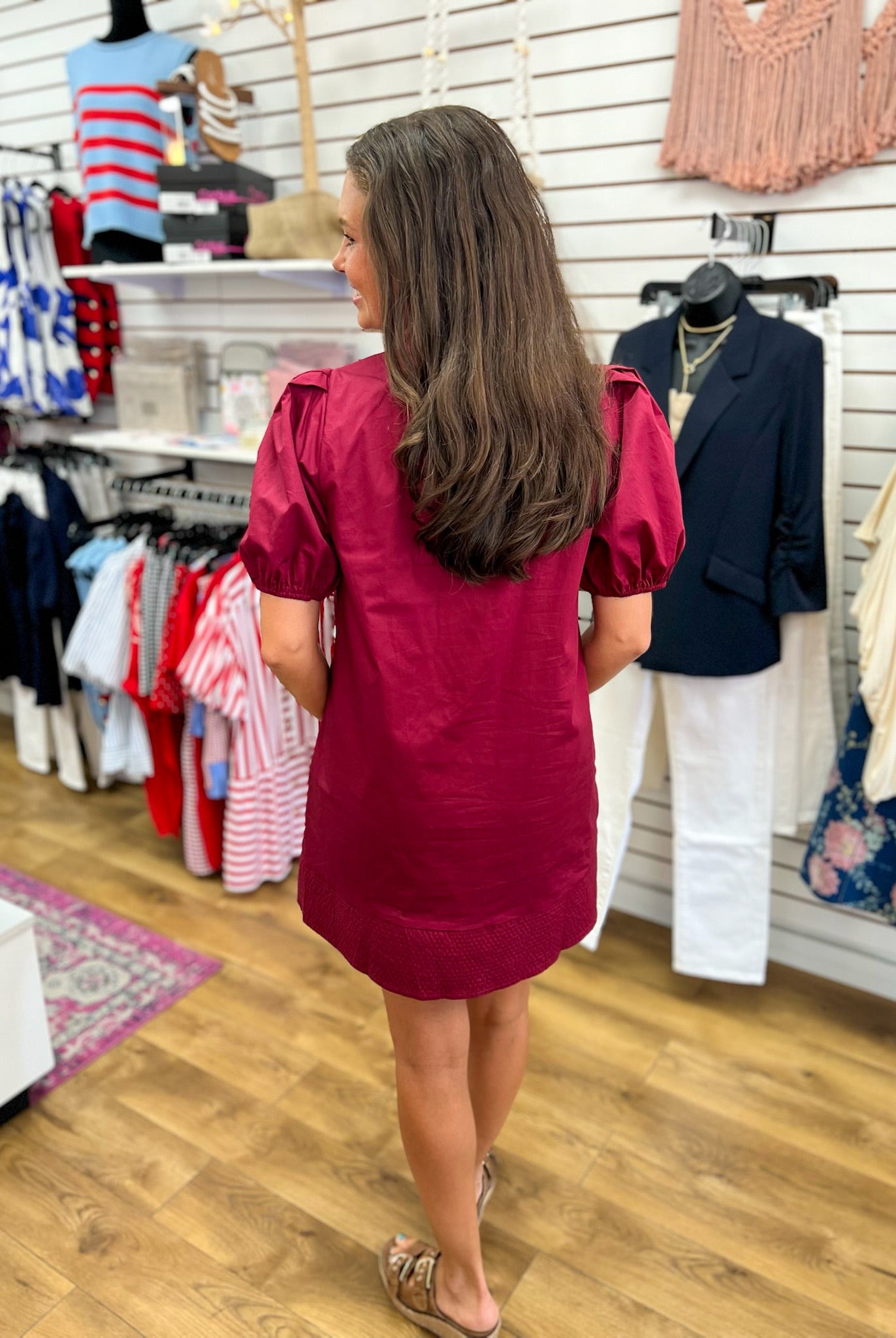 Wine V-Neck Dress with Short Puff Sleeves - A'Bekah's Boutique