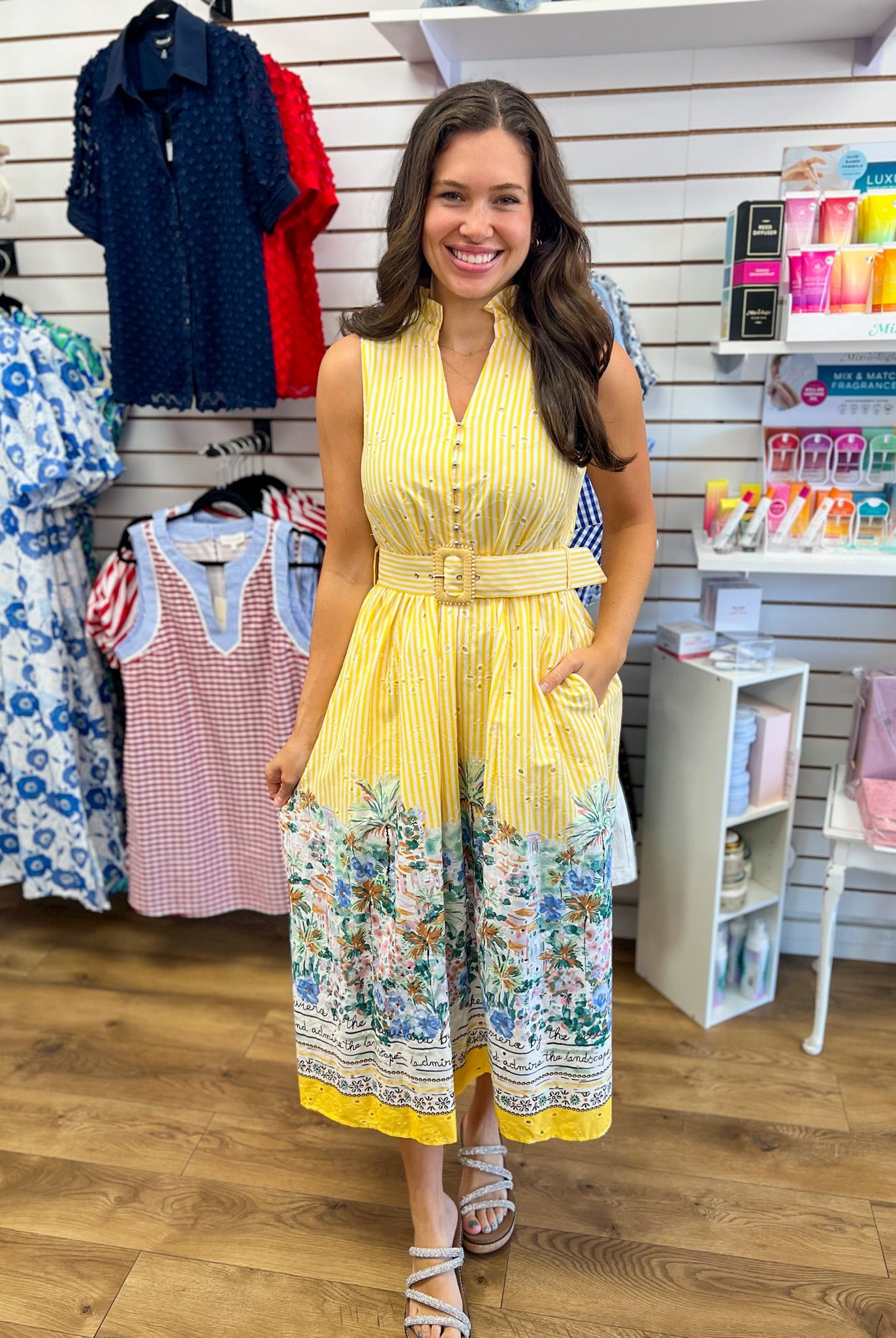 Yellow Striped Sleeveless Midi Dress with Border Print and Belt - A'Bekah's Boutique