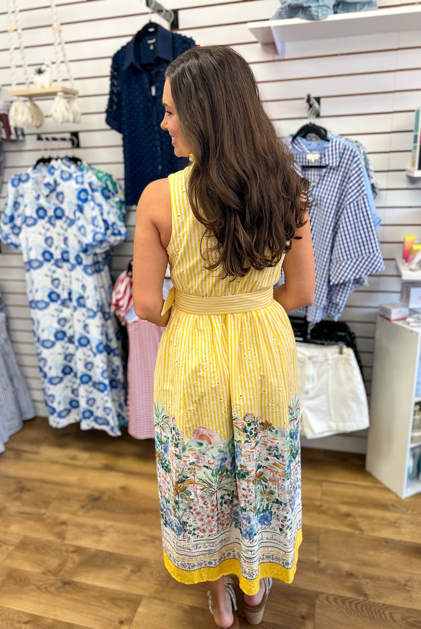 Yellow Striped Sleeveless Midi Dress with Border Print and Belt - A'Bekah's Boutique