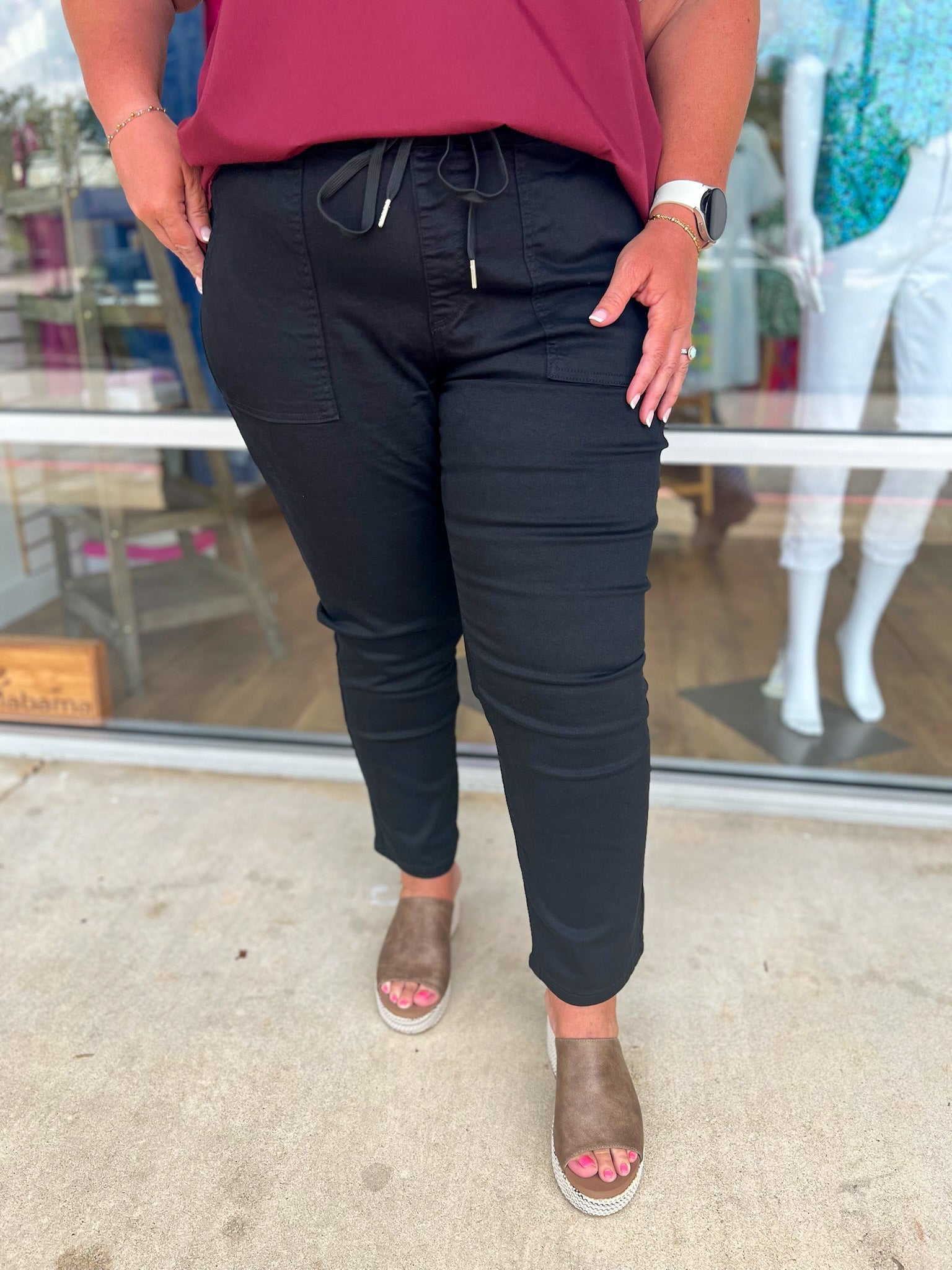 YMI Black Pull On Drawstring Cropped Jeans (C) - A'Bekah's Boutique
