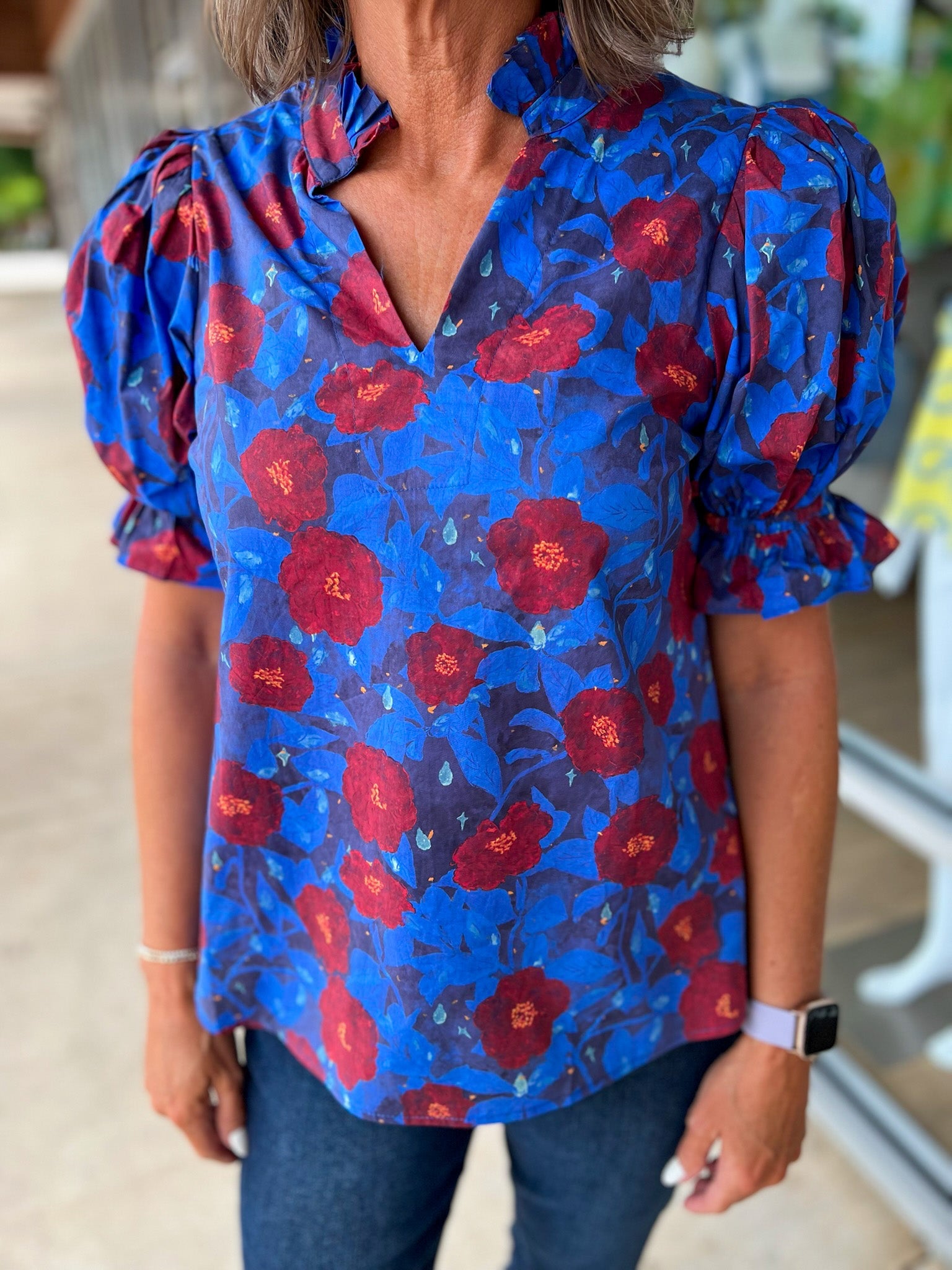 Your Time Midnight Blue Floral V - Neck Top (R) - A'Bekah's Boutique