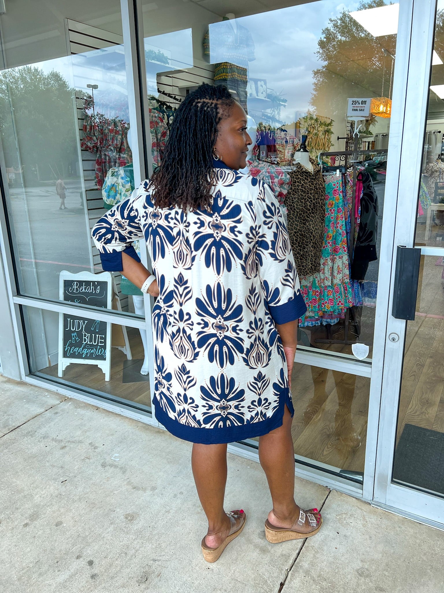 Your Way Navy and Cream Dress with 3/4 Length Sleeves (C) - A'Bekah's Boutique