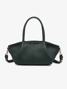 Dark green pebbled leather baguette bag with dual top handles and crossbody strap