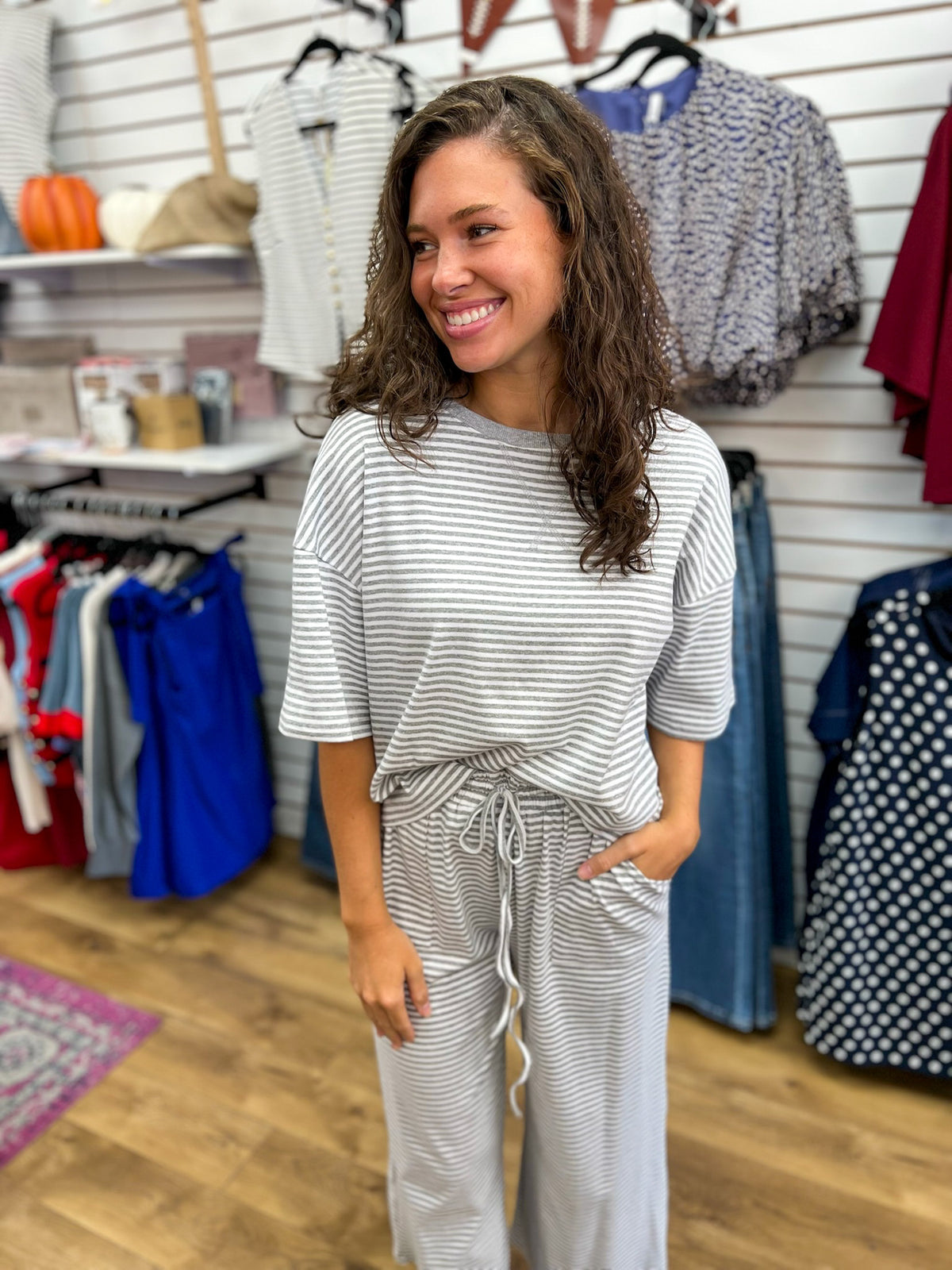 Sewn and Seen grey and white striped short-sleeve top and drawstring wide-leg pants set