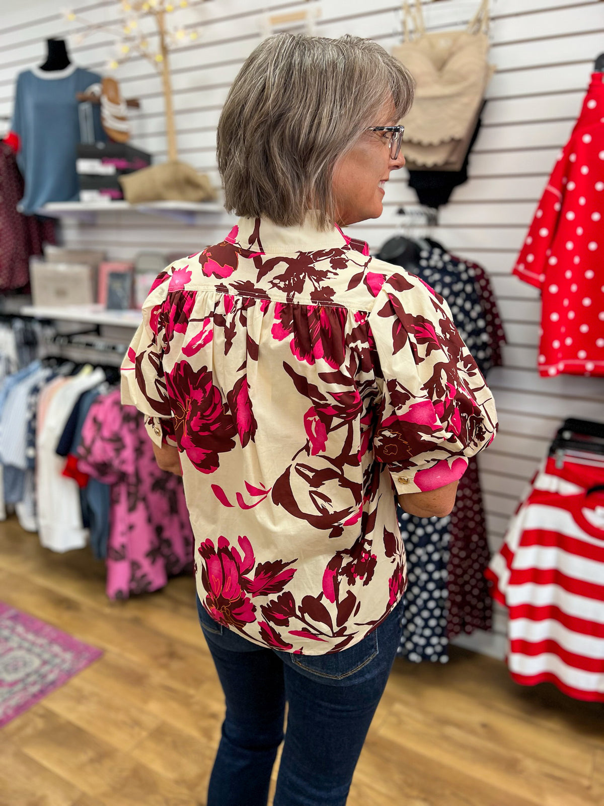Cream floral blouse with pink wine blooms and short puff sleeves by Entro