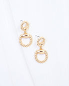 Gold braided horsebit drop earrings with twisted rope texture and stud backs