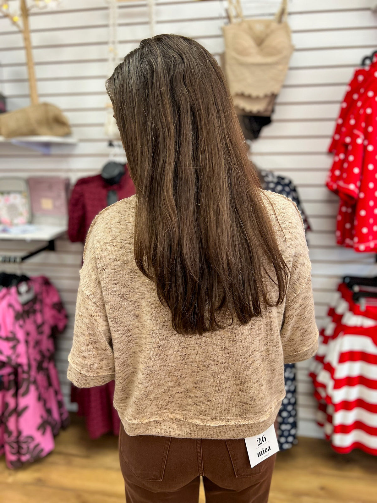 Light taupe marled short sleeve knit top shown from the back on model