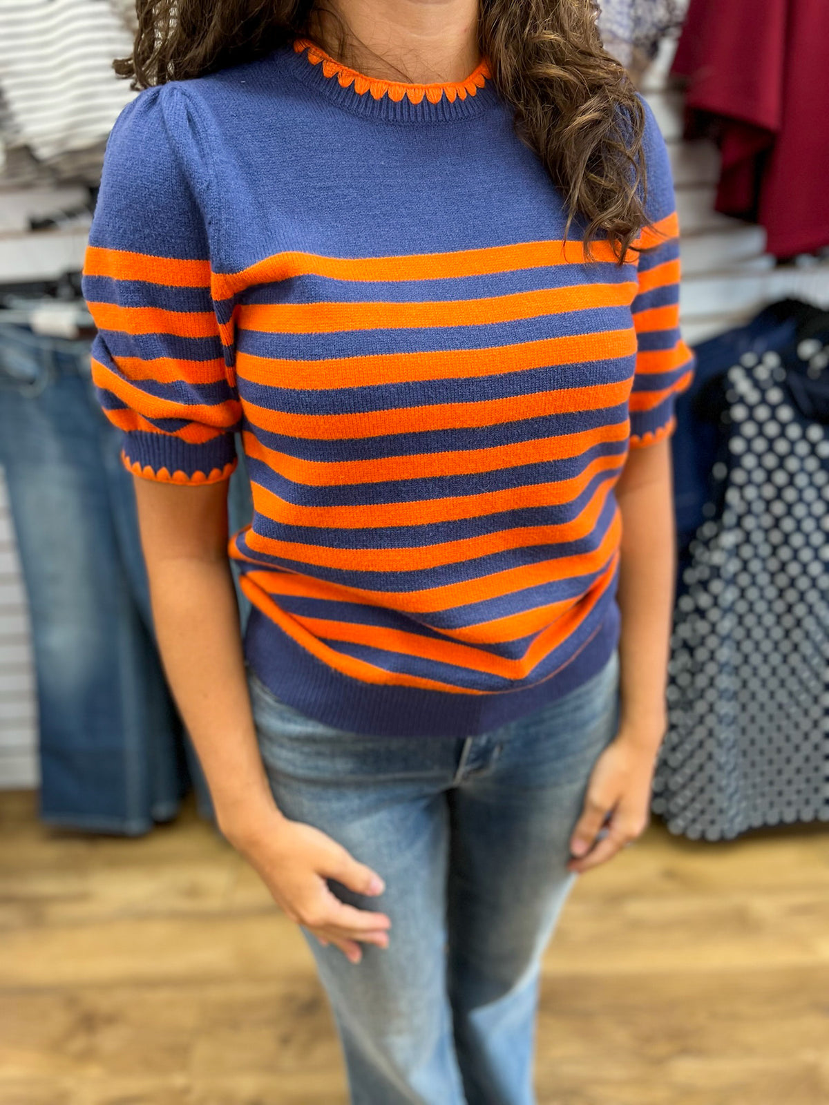 LovLov navy and orange striped short puff sleeve sweater with scallop trim