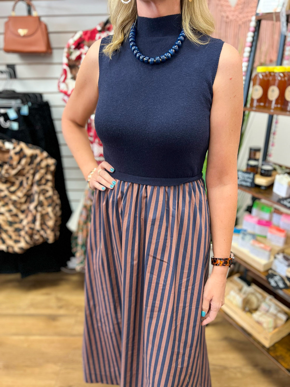 Entro navy sleeveless mock neck midi dress with brown and navy striped skirt