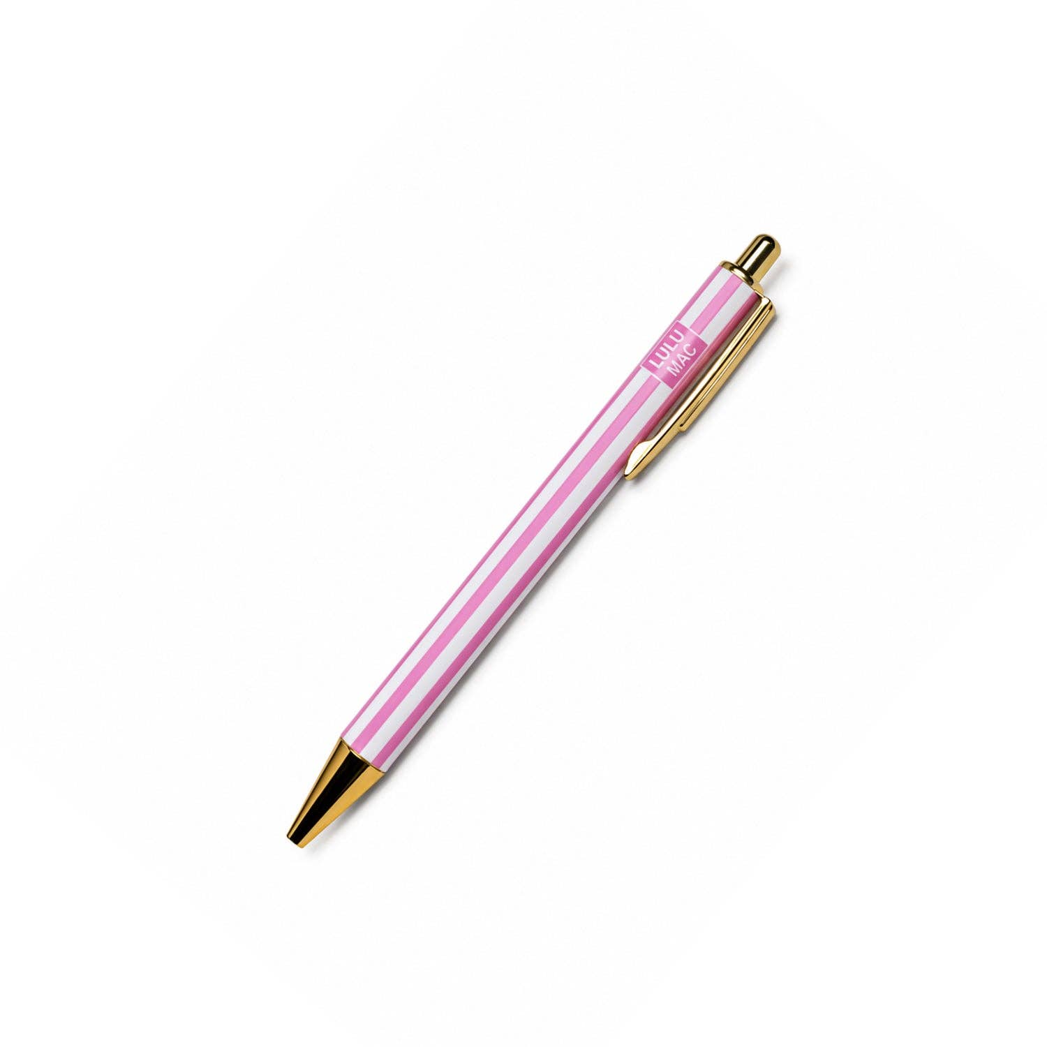 Pink and white striped ballpoint pen with gold metal accents and clip