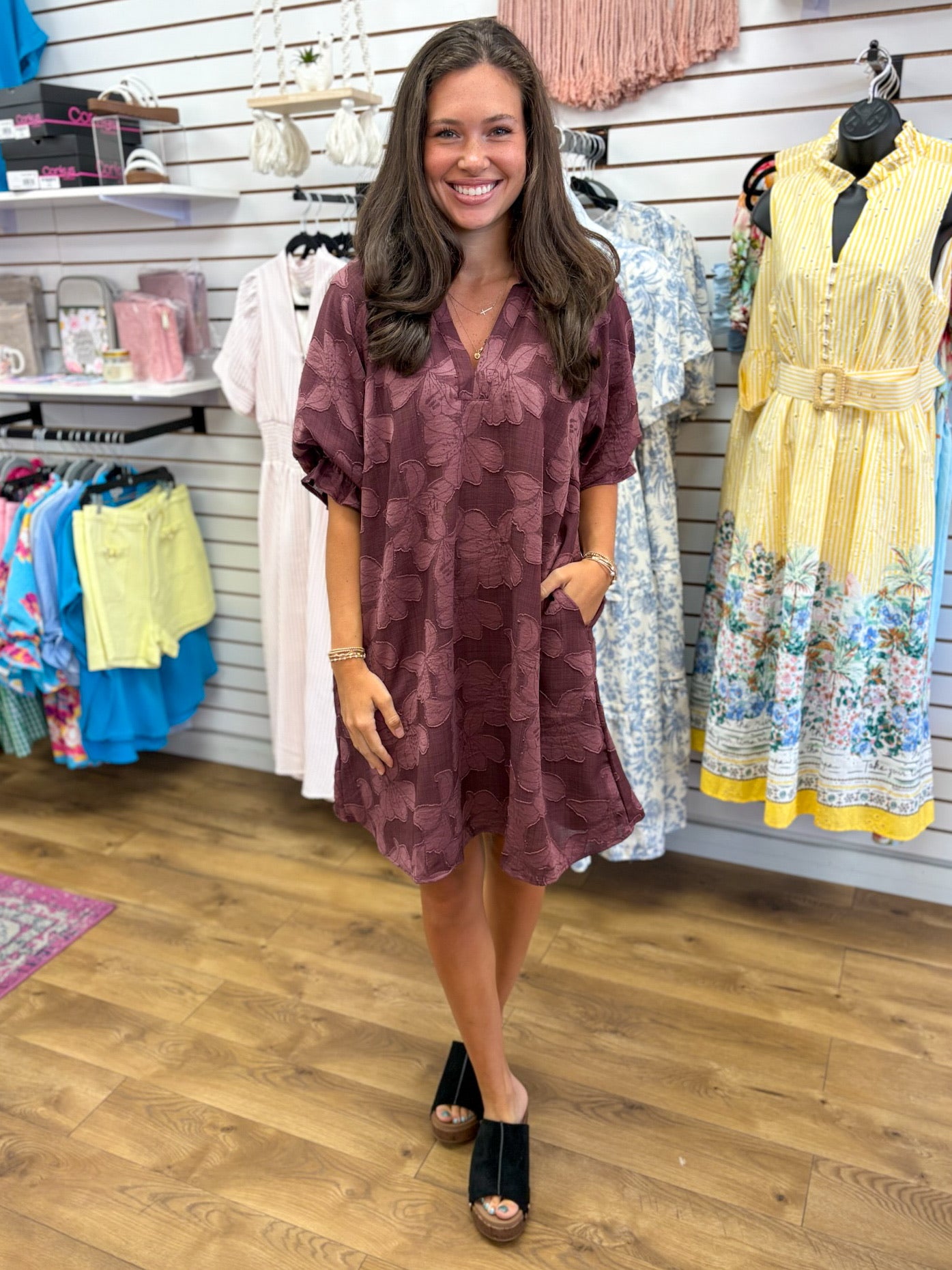 Umgee maroon tonal floral jacquard v-neck dress with elbow-length sleeves and pockets