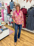 Umgee ecru paisley V-neck top with magenta trim and 3/4 balloon sleeves