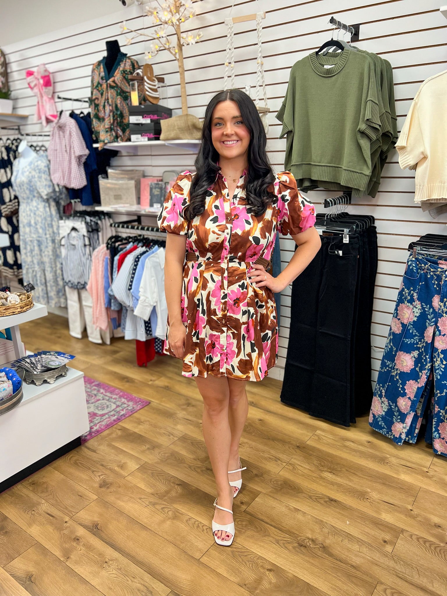Entro brown and pink floral mini dress with puff sleeves and button front