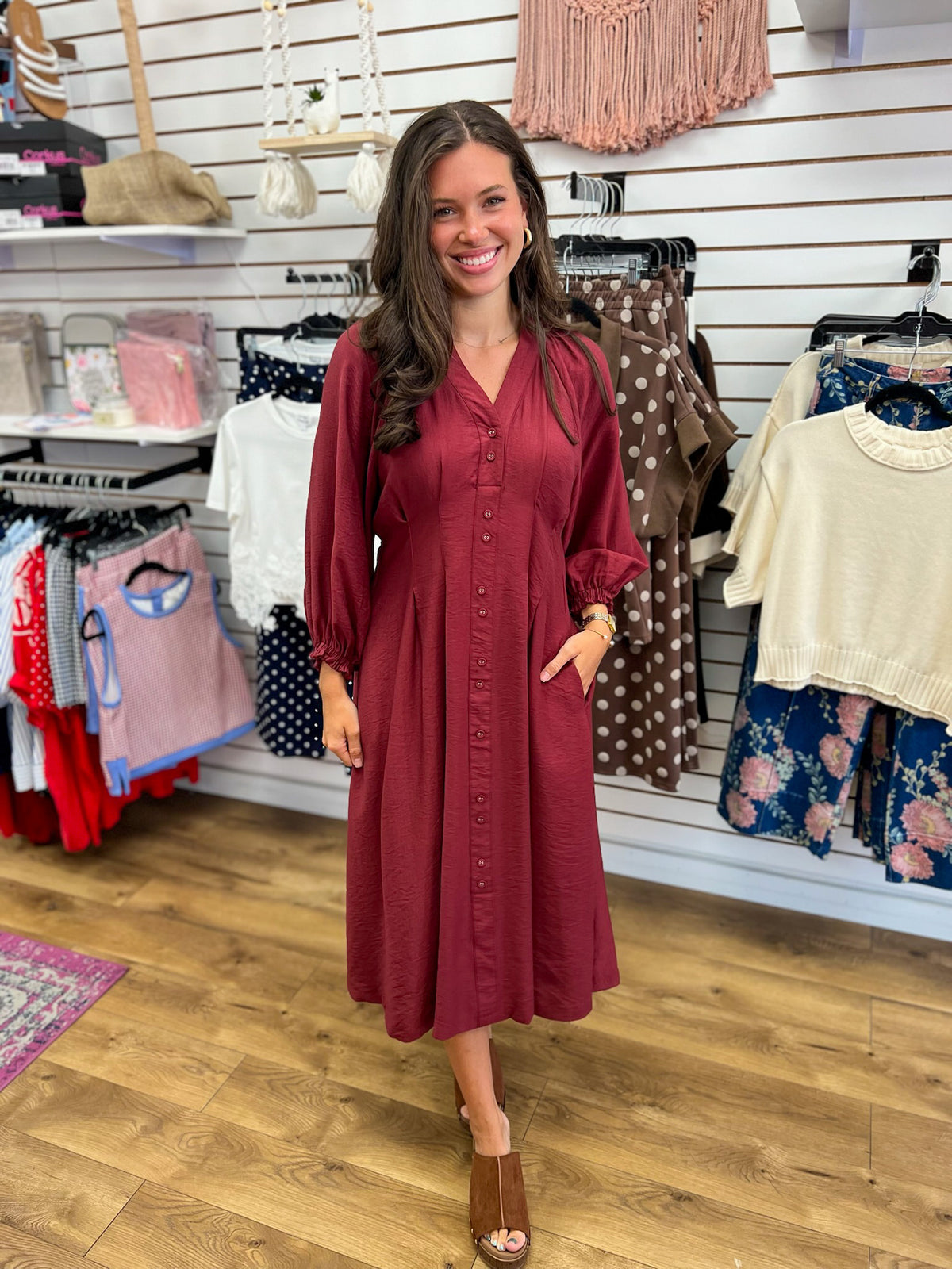 Burgundy Button Down Long Sleeve Midi Dress - A'Bekah's Boutique