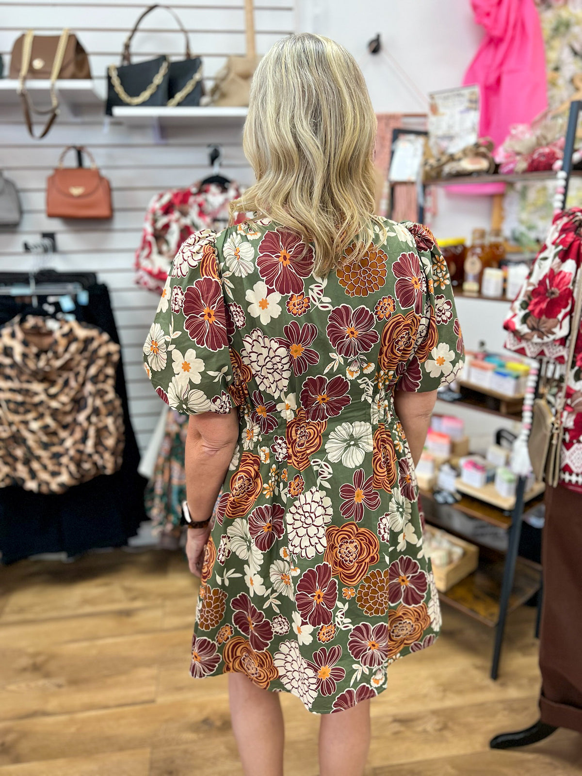 Entro olive green floral mini dress with puff sleeves, rust and burgundy blooms