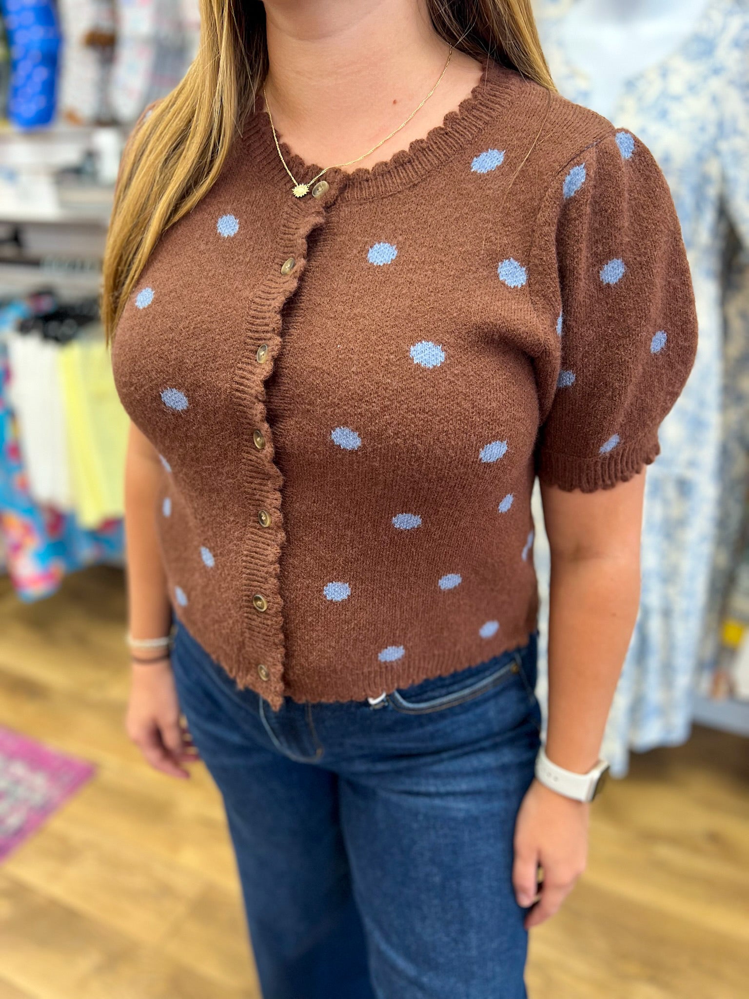 Entro brown short sleeve button-up sweater with light blue polka dots