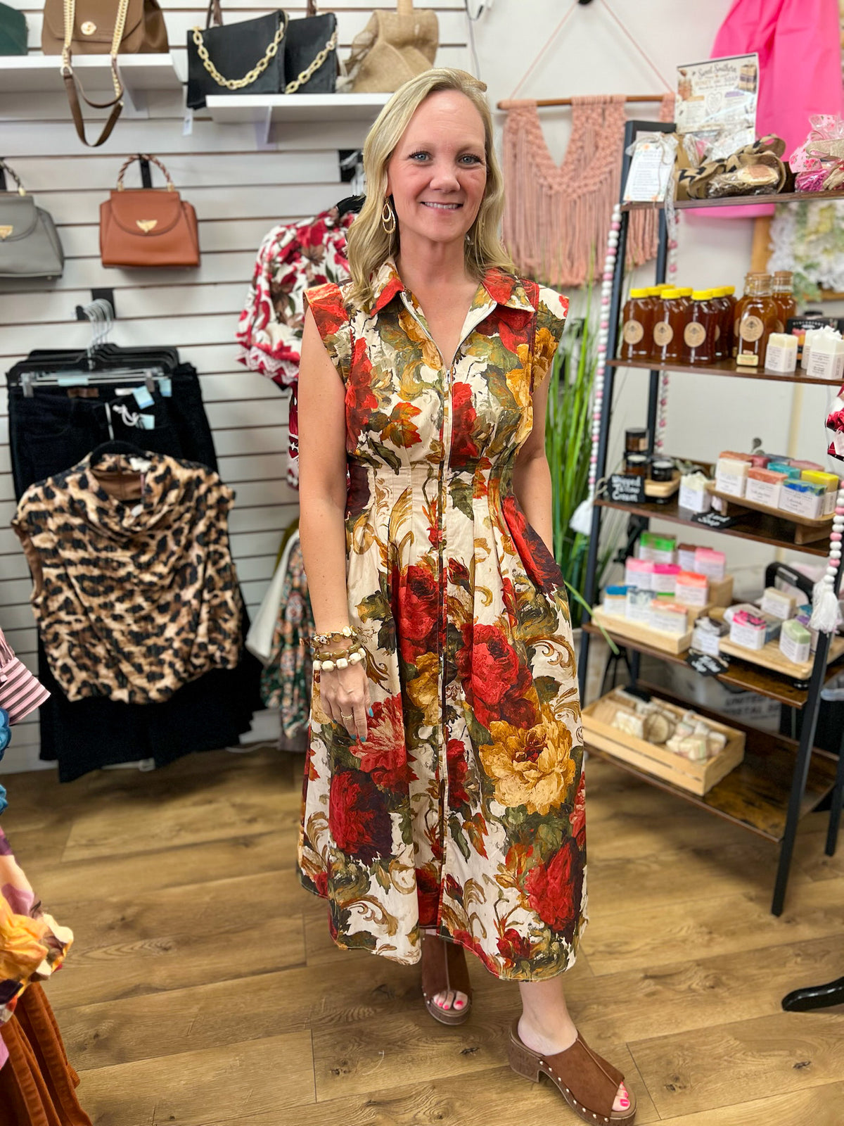 Entro cream midi dress with red and gold floral print, zip front, sleeveless