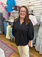 Umgee black v-neck top with 3/4 balloon sleeves and scalloped hem