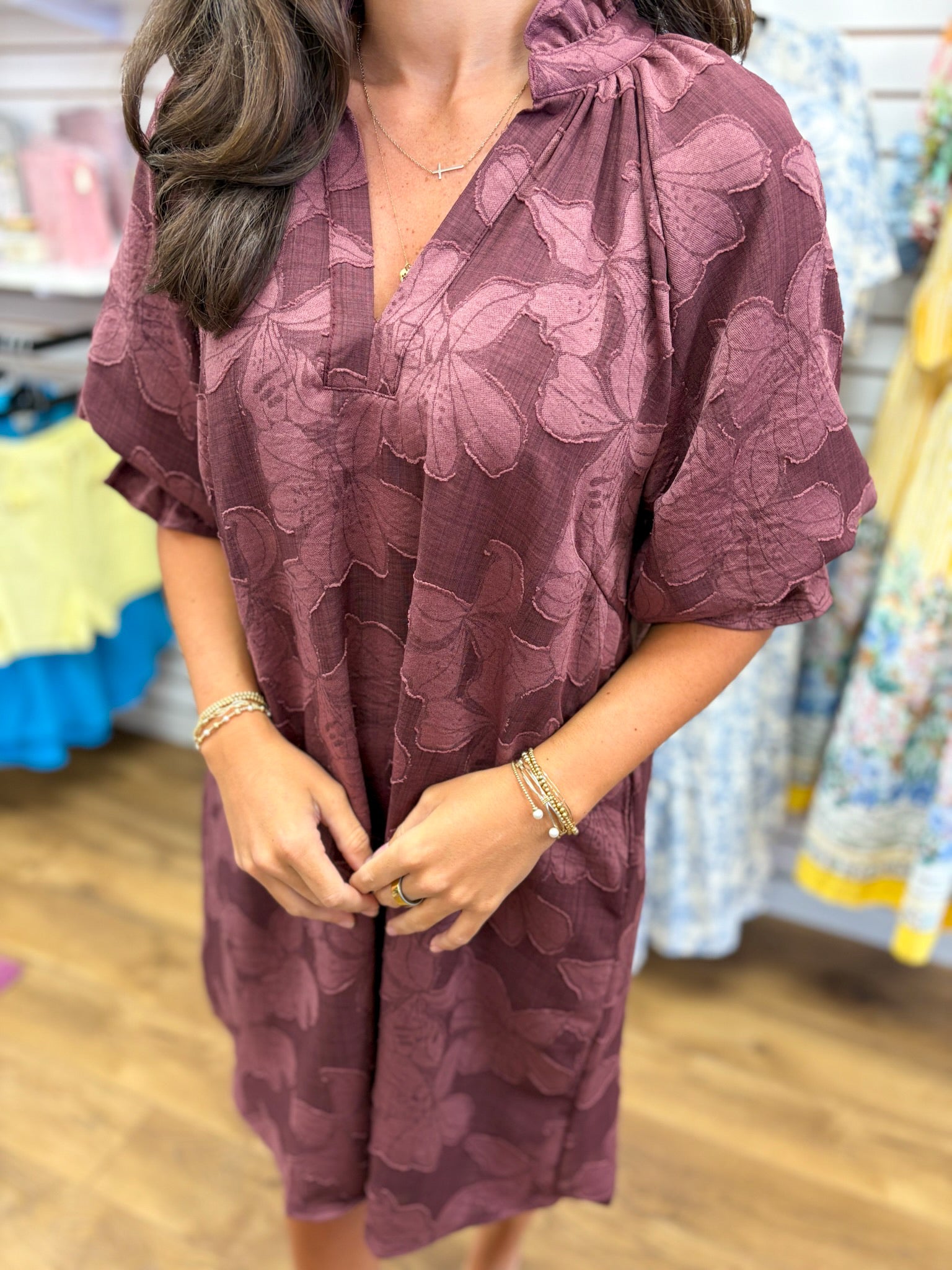 Maroon jacquard tonal floral v-neck dress with elbow length sleeves by Umgee