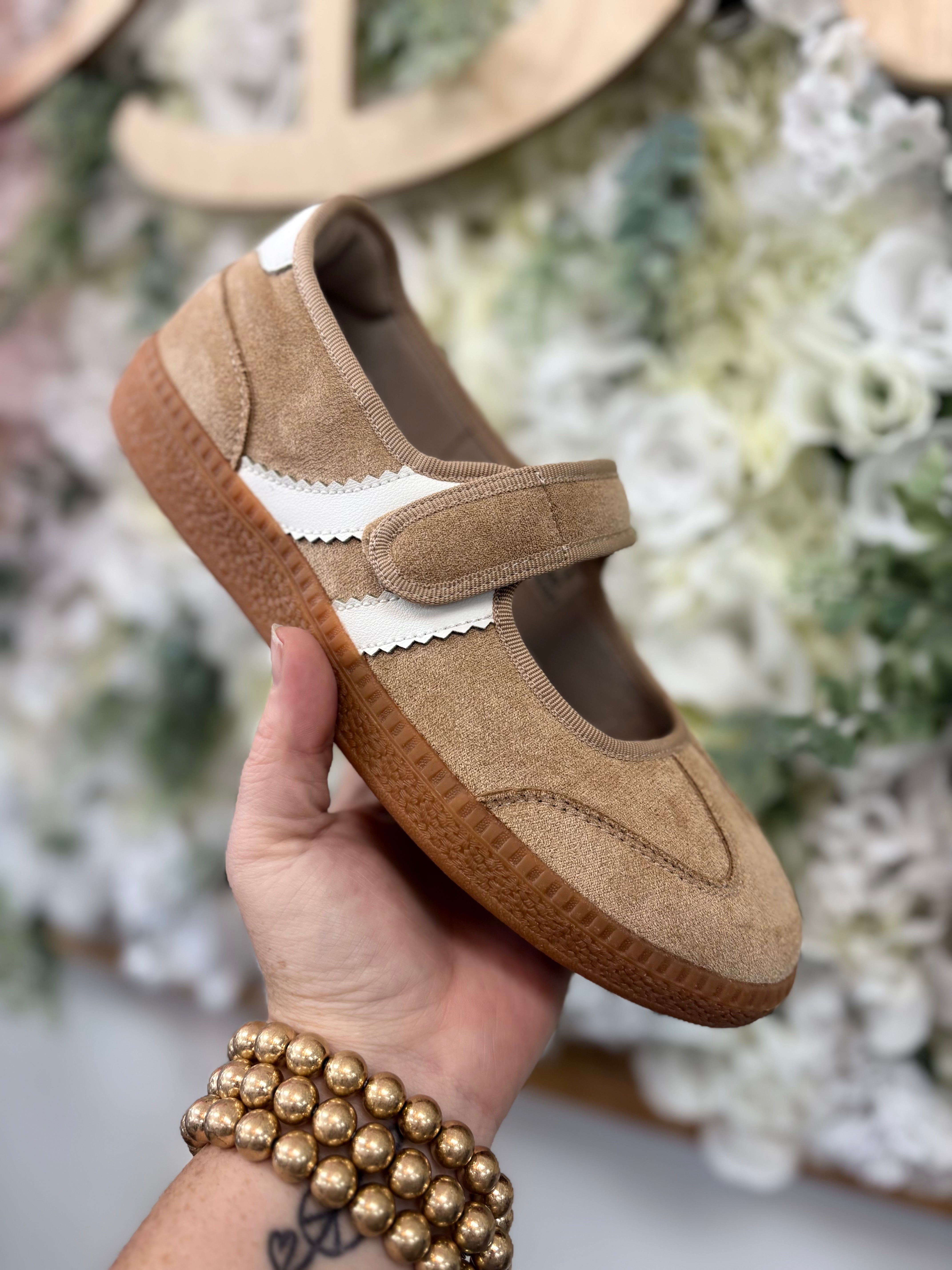 Corkys Calm Down camel faux suede Mary Jane sneaker with gum sole
