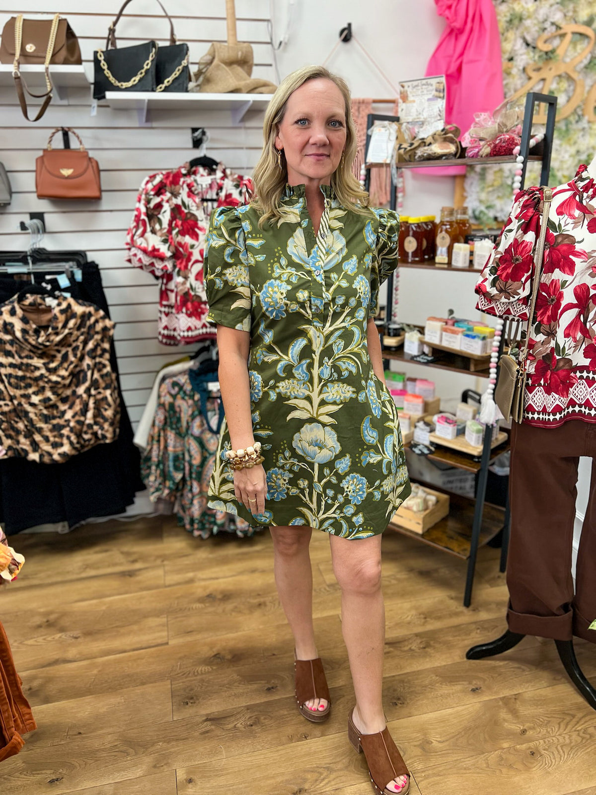 Entro olive green floral mini dress with short puff sleeves and mock neck