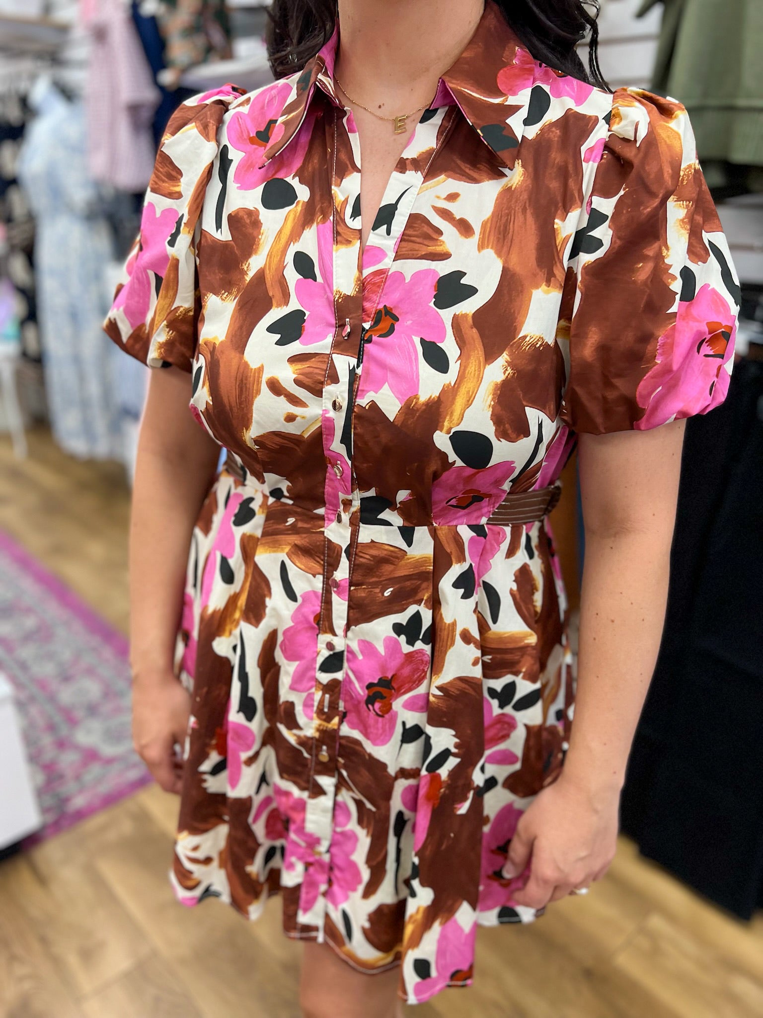 Entro brown and pink floral button-down mini dress with short puff sleeves