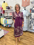 Plum paisley print button-front midi dress with 3/4 sleeves by Umgee