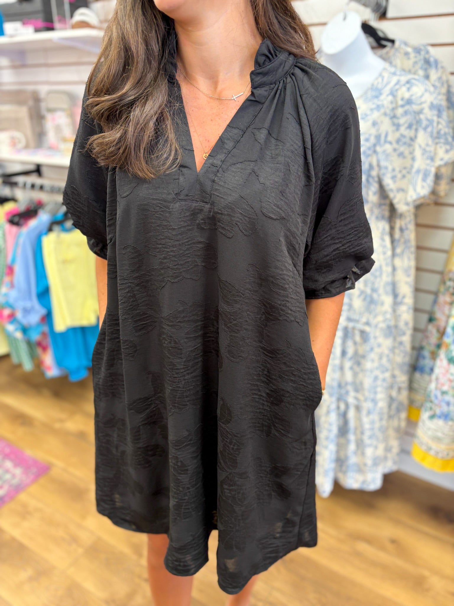 Umgee black jacquard tonal V-neck dress with ruffled collar and elbow sleeves