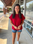 Crimson short sleeve pocket round neckline cloud knit top game day Alabama Mississippi