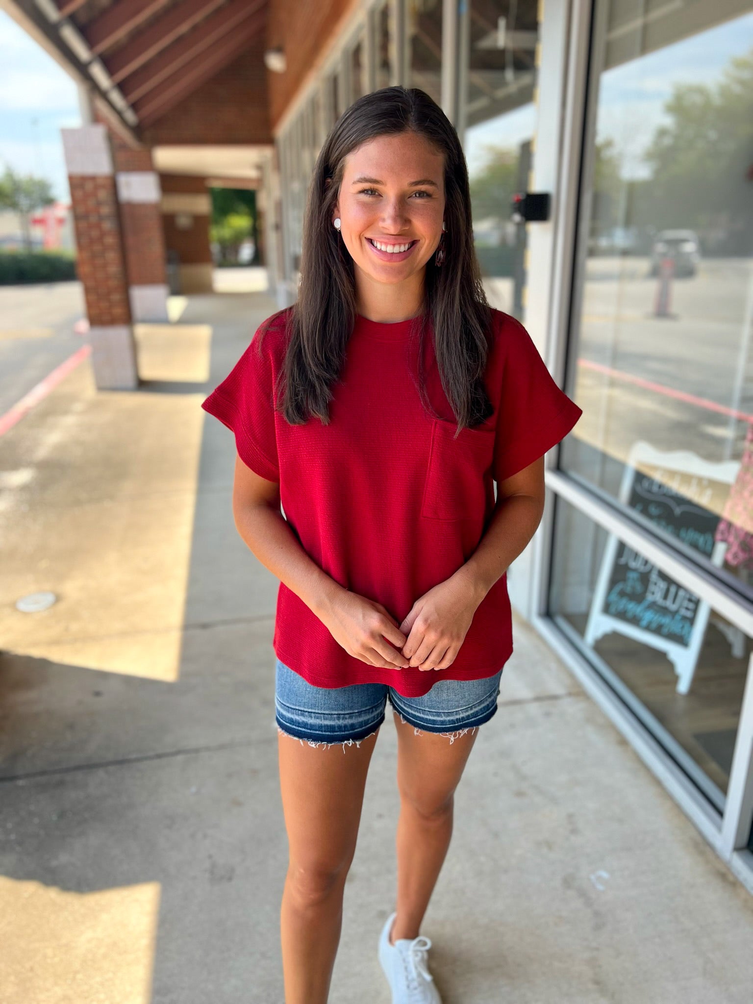 Crimson short sleeve pocket round neckline cloud knit top game day Alabama Mississippi