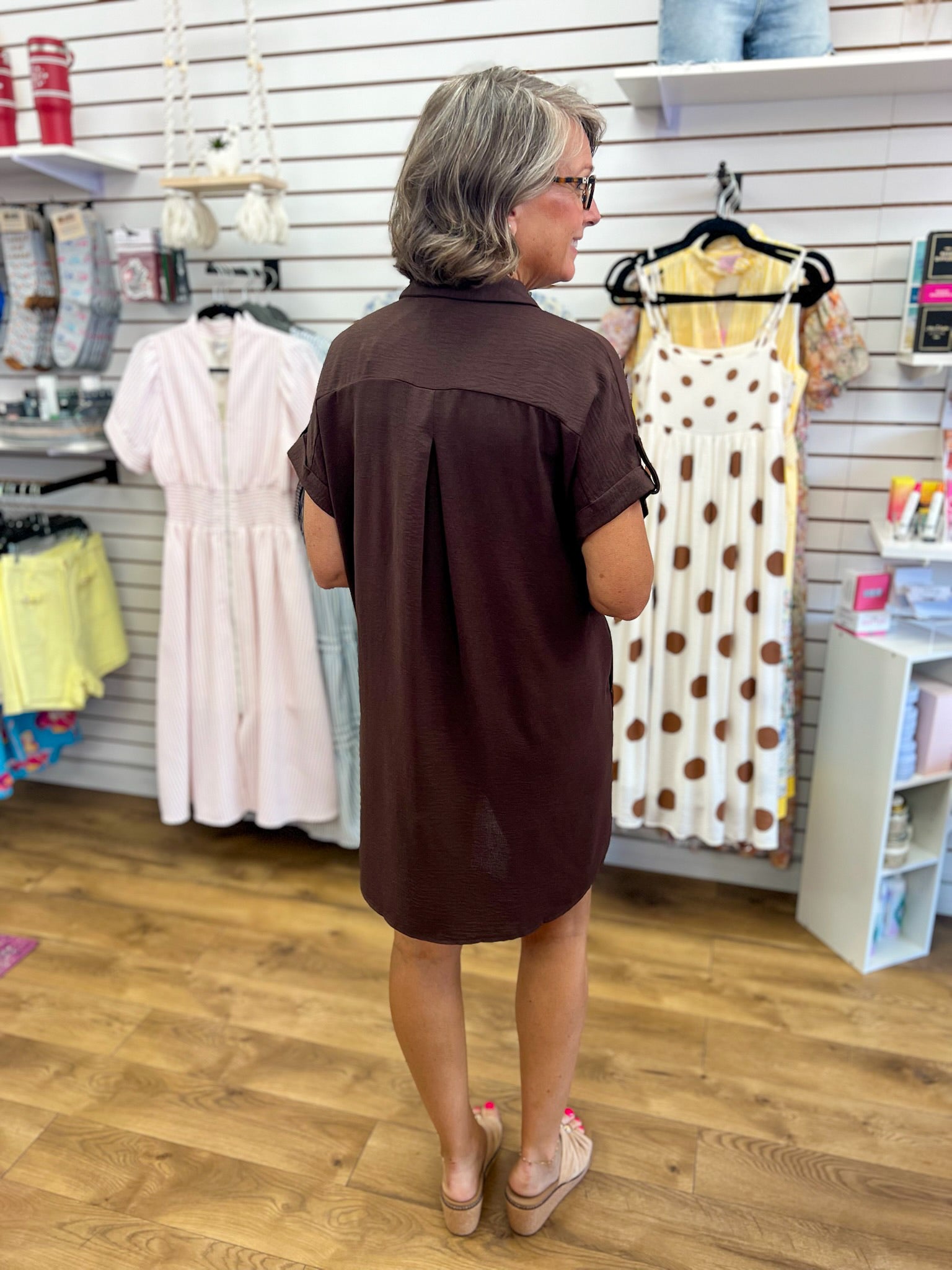 She + Sky brown short sleeve button-down shirt dress, back view, knee length