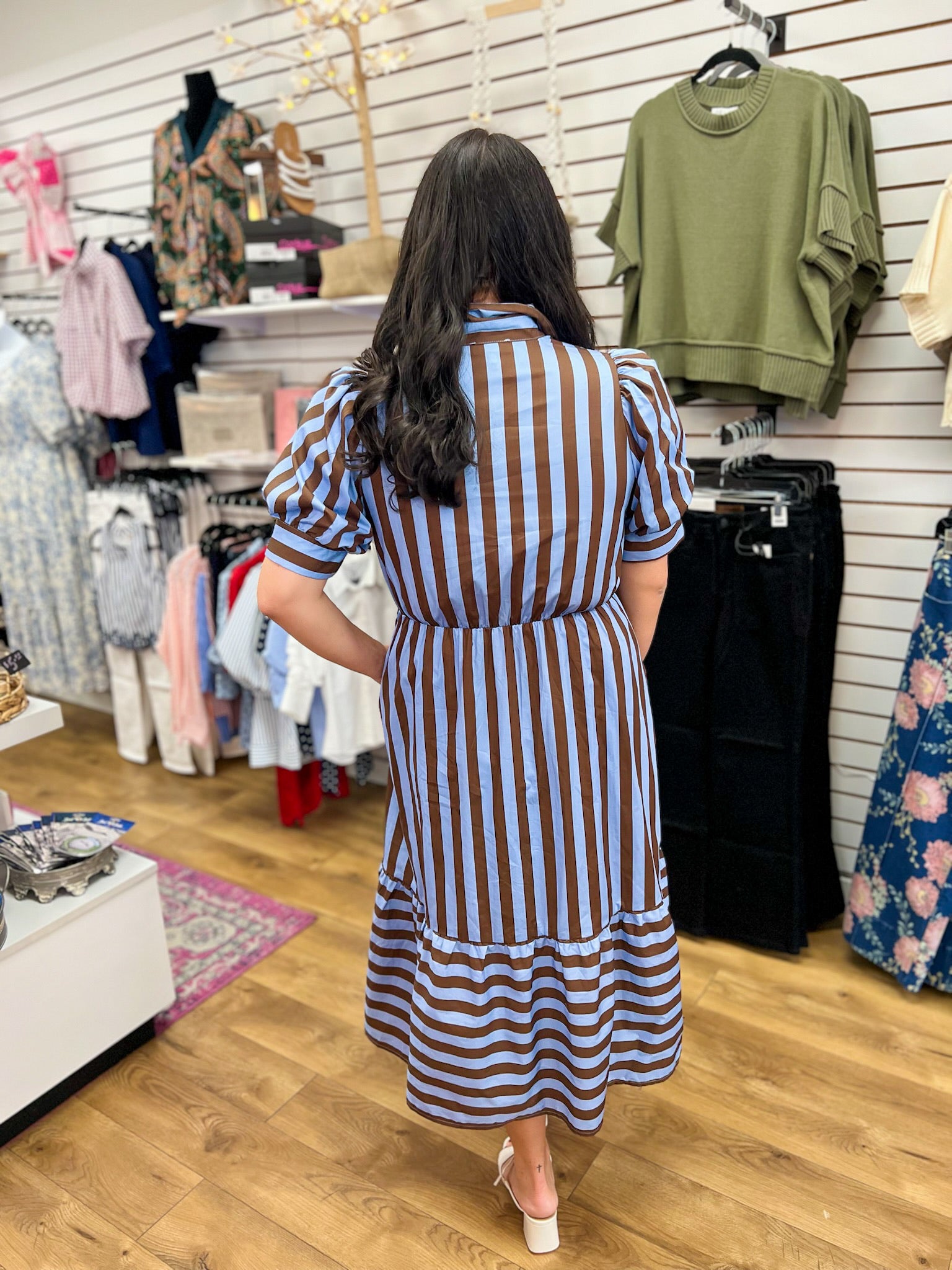 Entro blue and brown striped midi dress with puff sleeves and tiered hem
