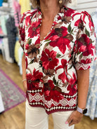 Entro burgundy floral print short puff sleeve button-front blouse with geometric hem border