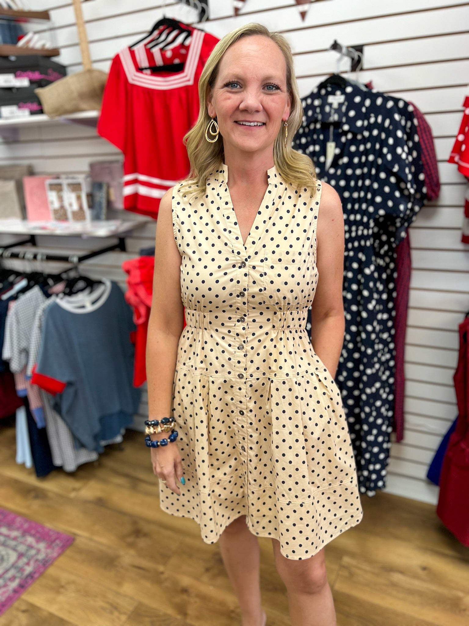 Entro ecru sleeveless polka dot button-front mini dress with elastic waist and pockets