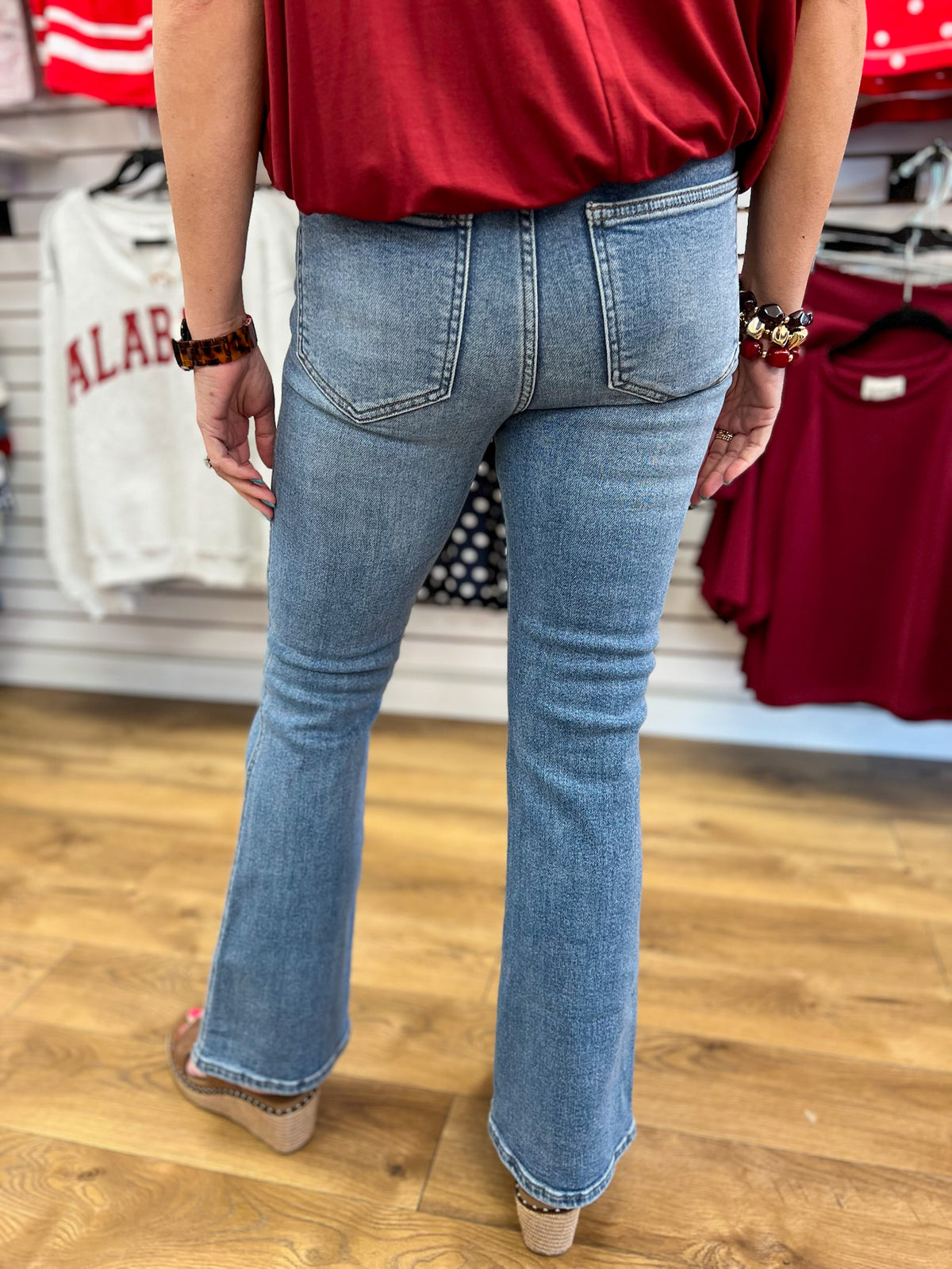 Judy Blue light wash bootcut jeans rear view, high waist, straight leg, two back pockets
