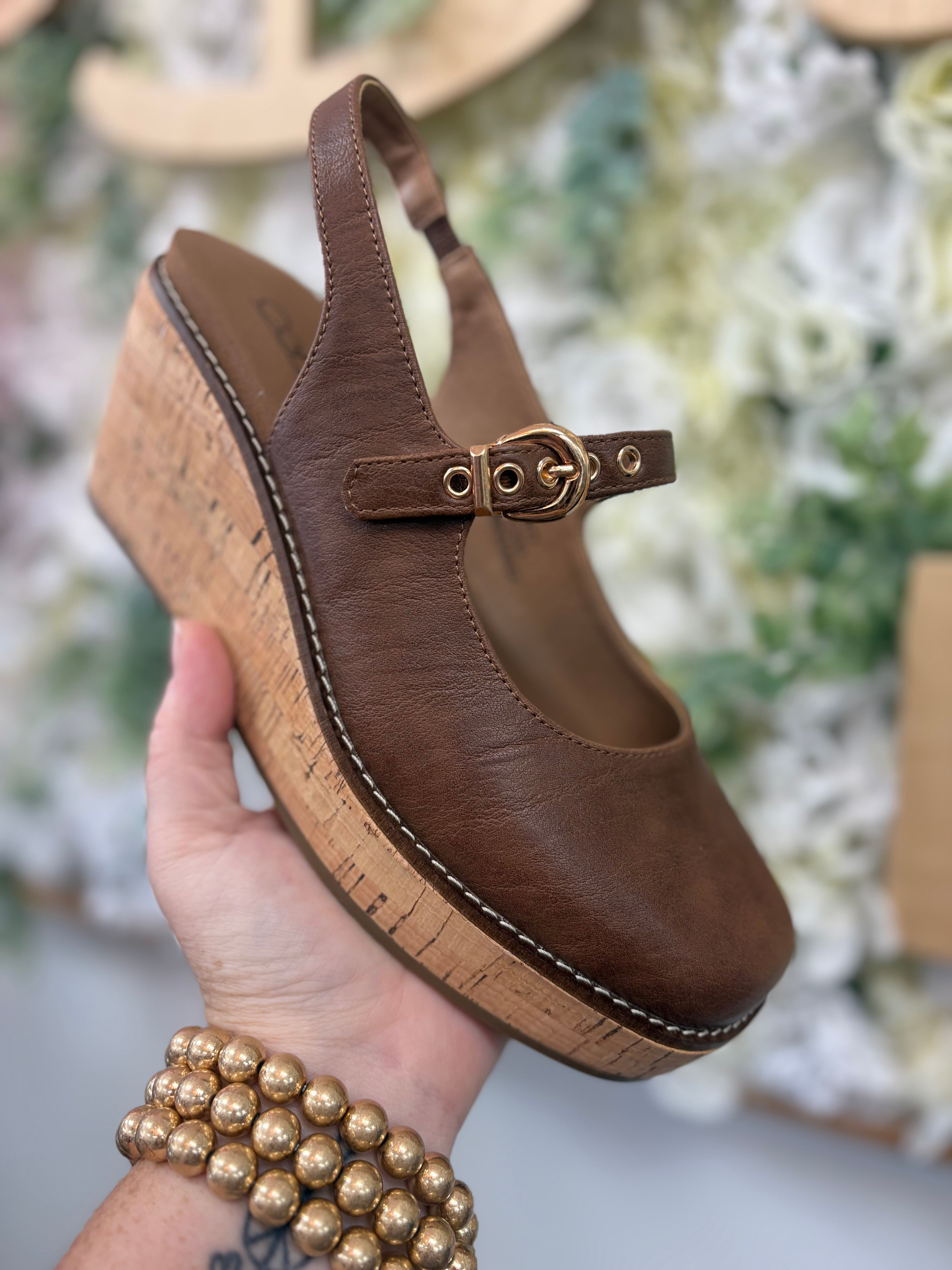 Corkys cognac brown leather Mary Jane wedge clog with cork sole and gold buckle