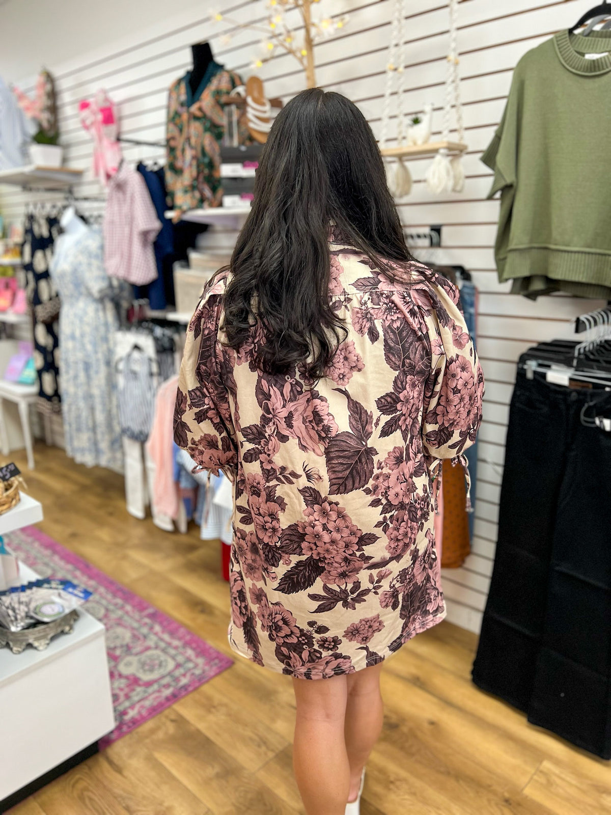 Ecru blush floral mini dress with 3/4 puff sleeves, back view