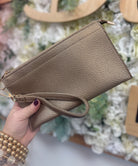 Gold pebbled faux leather wristlet clutch purse with gold-tone hardware